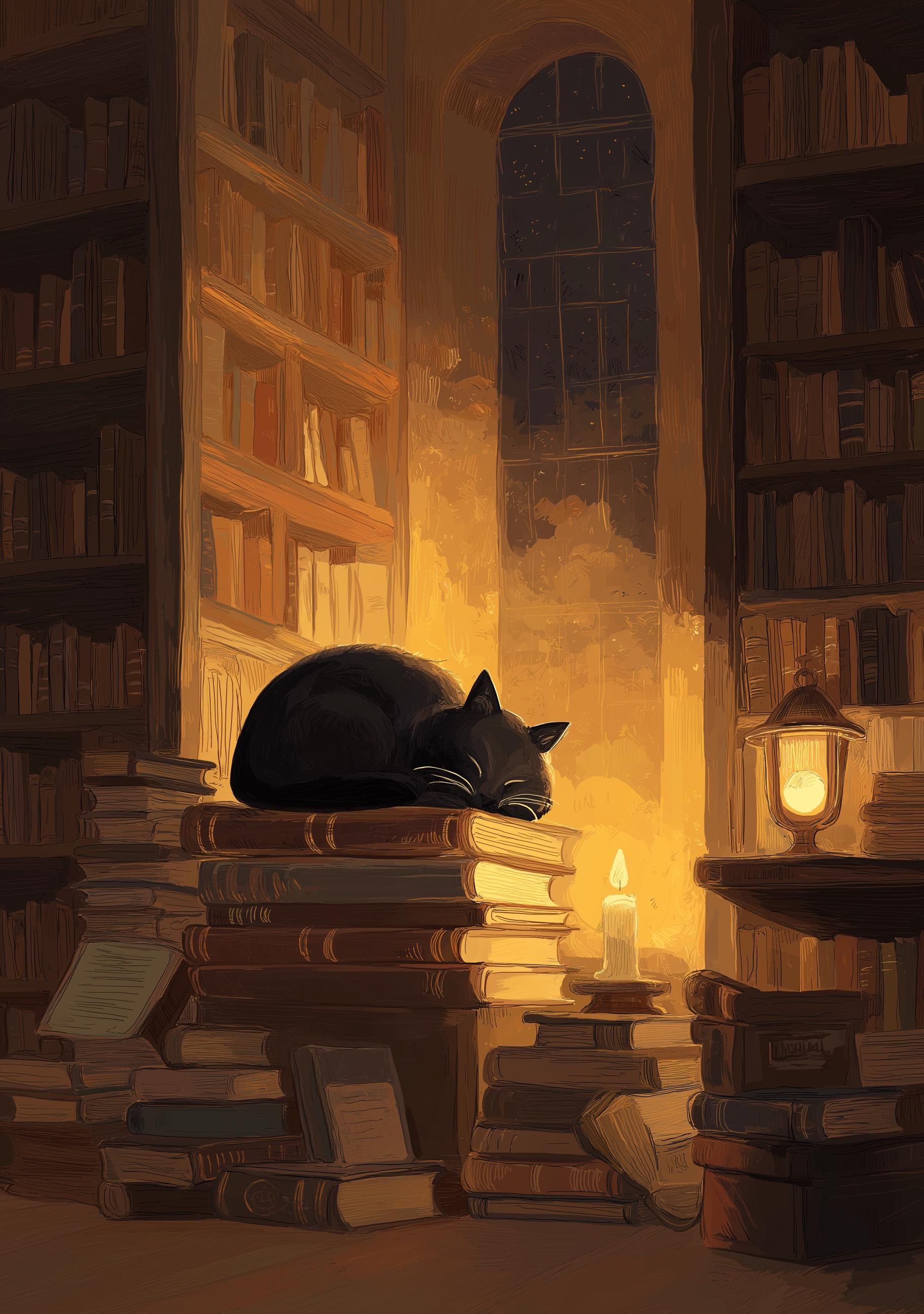 Dark Academia Cat Cozy Library Book Lover Wall Art