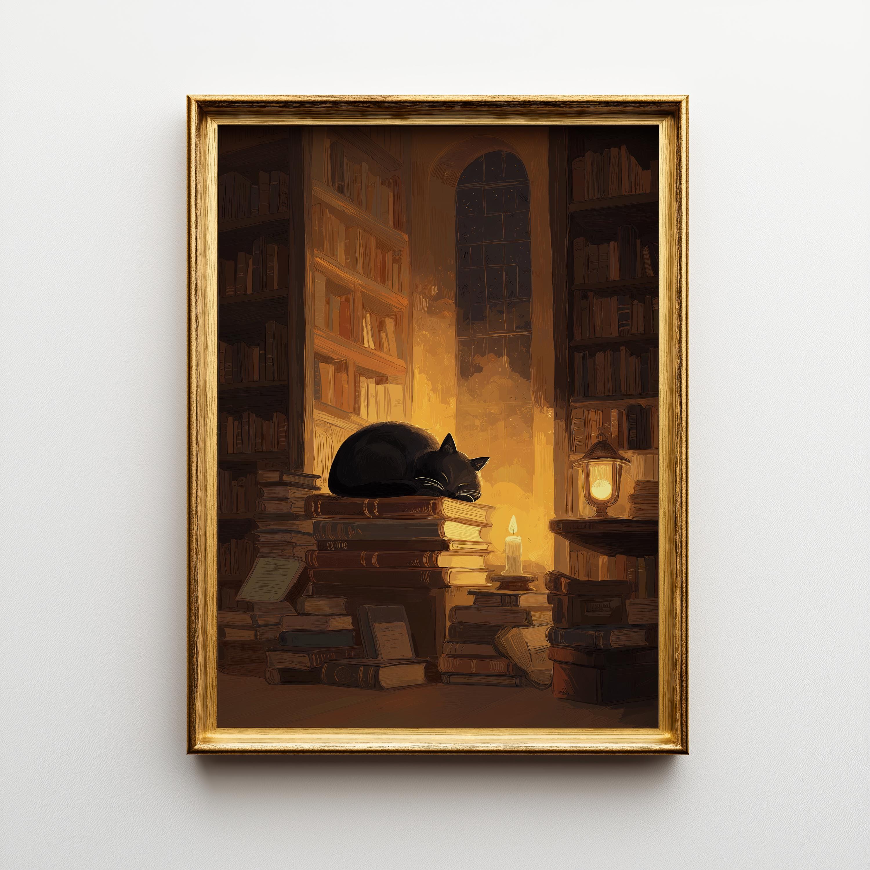 Dark Academia Cat Cozy Library Book Lover Wall Art
