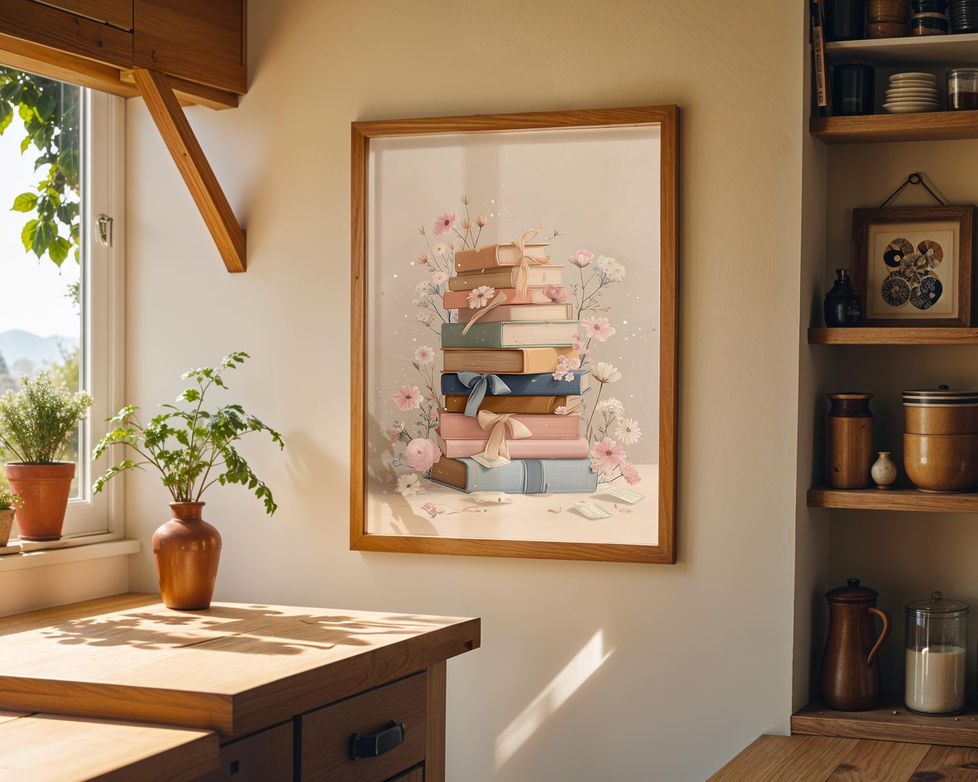 A framed art print featuring a stack of pastel-colored books and delicate flowers, hanging on a beige wall in a warm, rustic room with wooden shelves and a window.