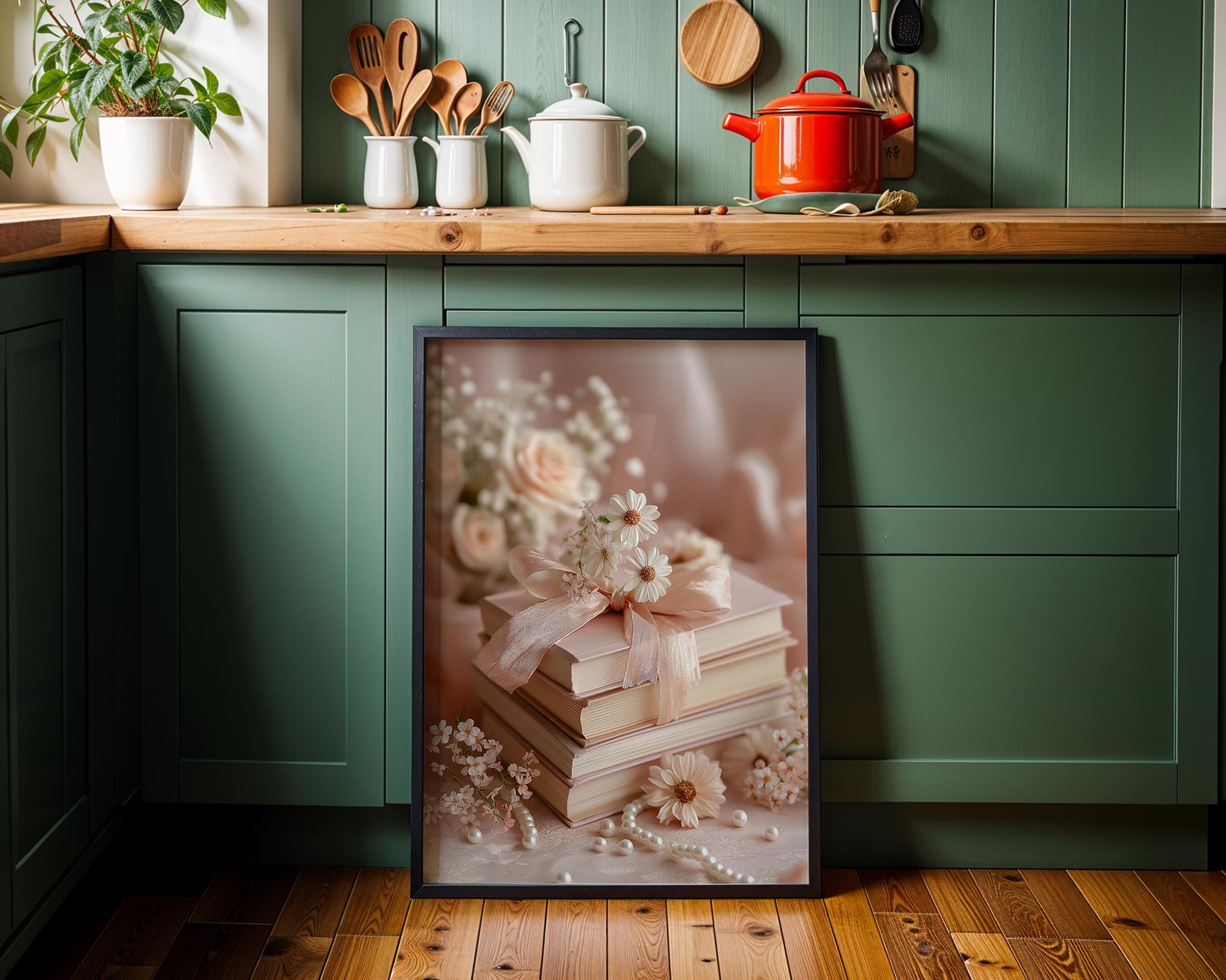 Coquette Pink Floral Book Stack Wall Art