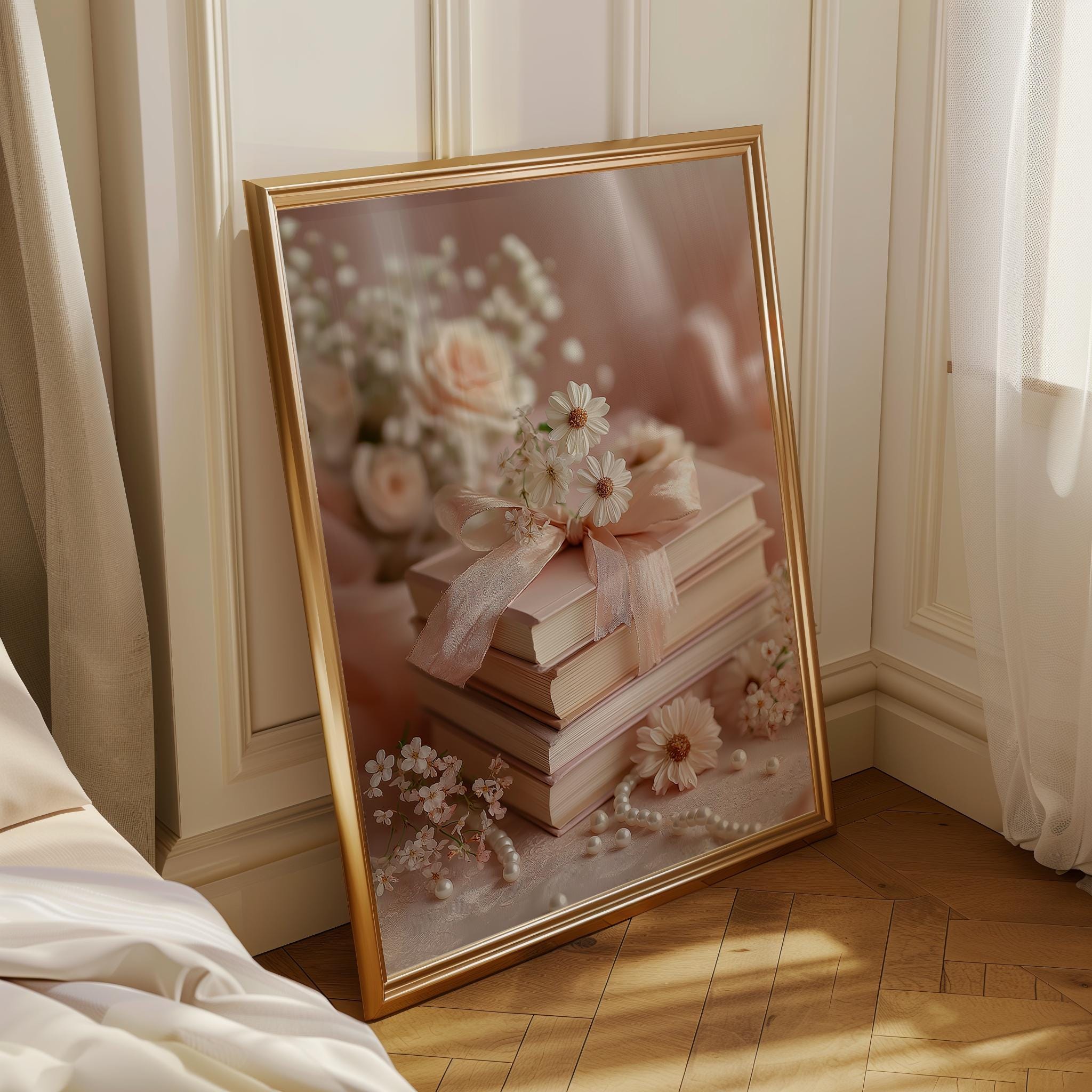 Coquette Pink Floral Book Stack Wall Art