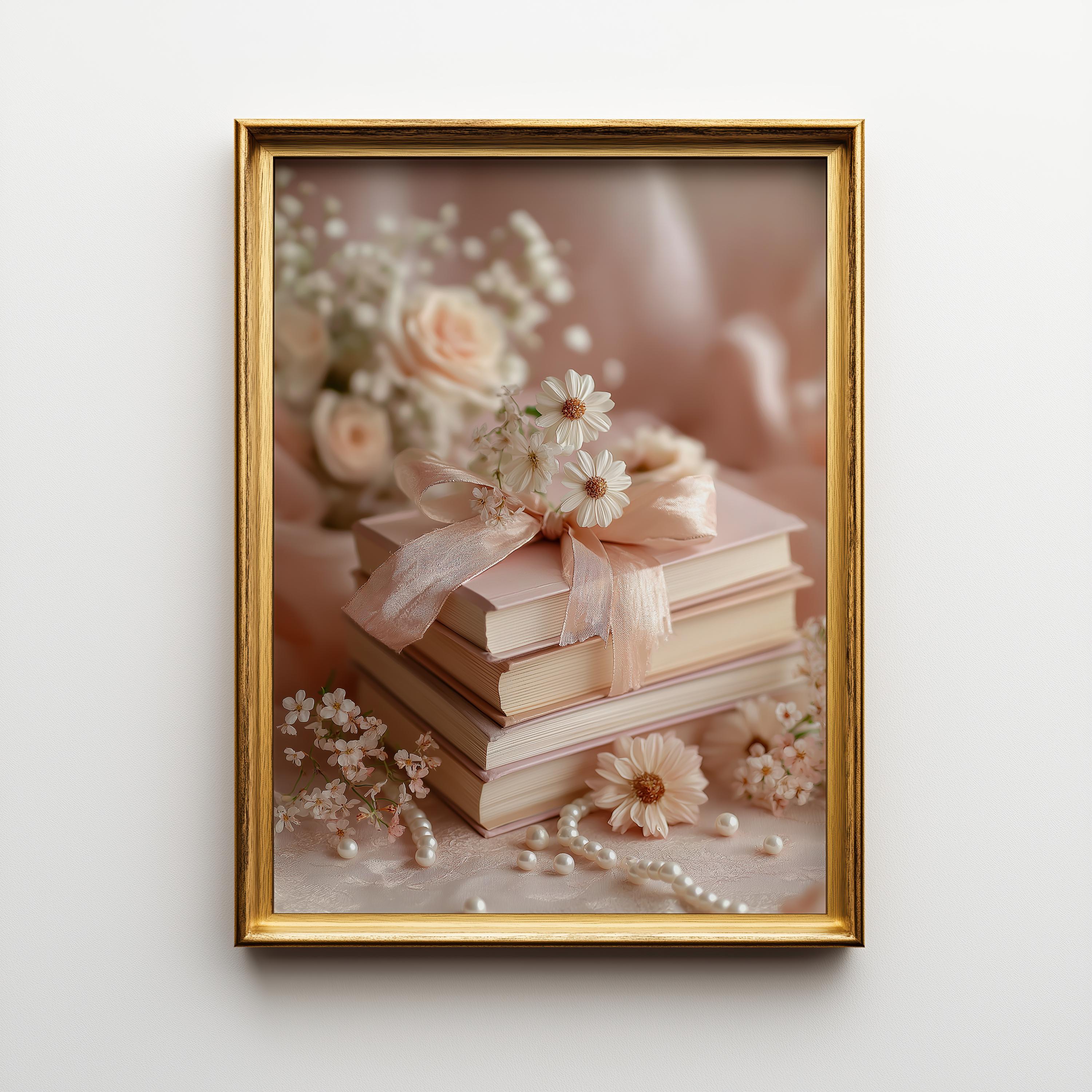 Coquette Pink Floral Book Stack Wall Art