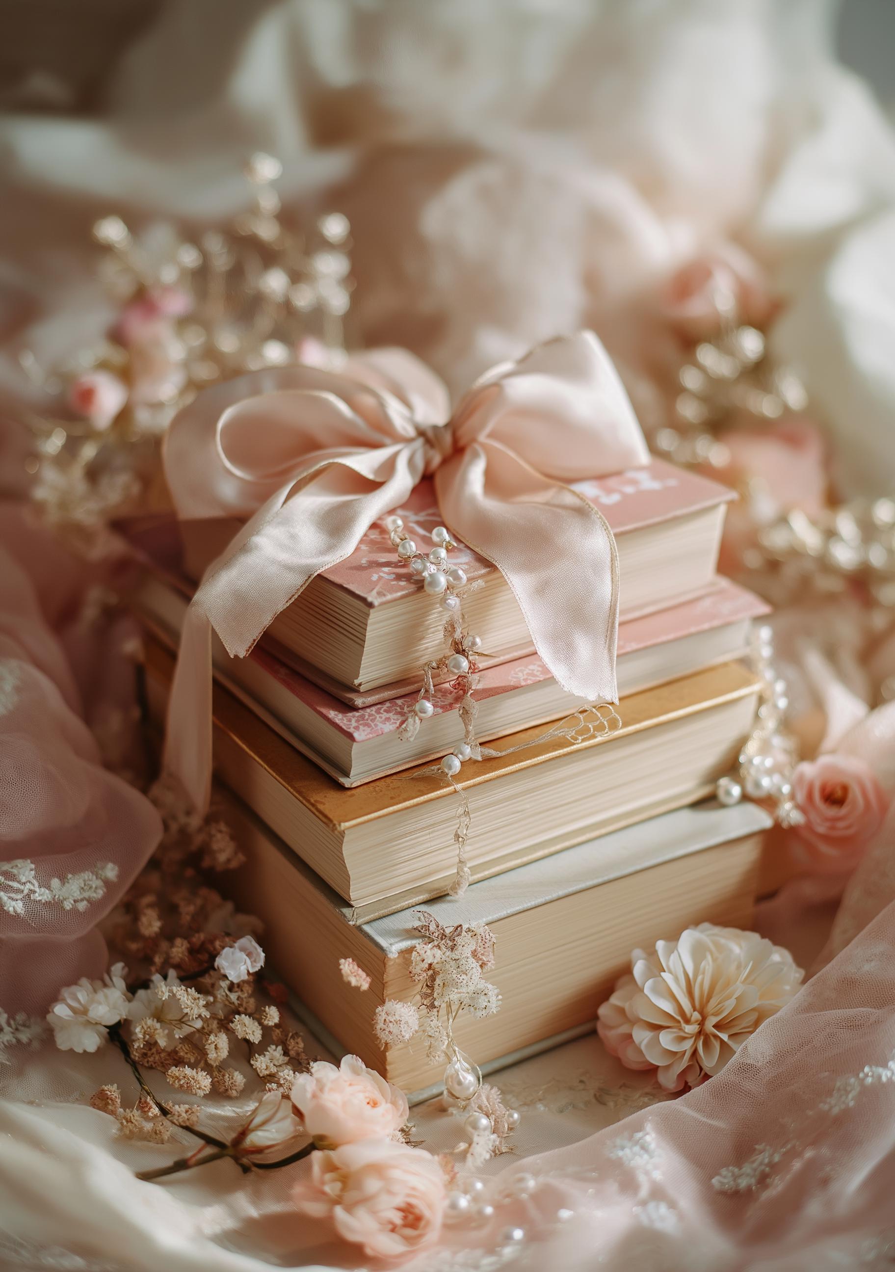 Coquette Pink Floral Library Book Stack Wall Ar