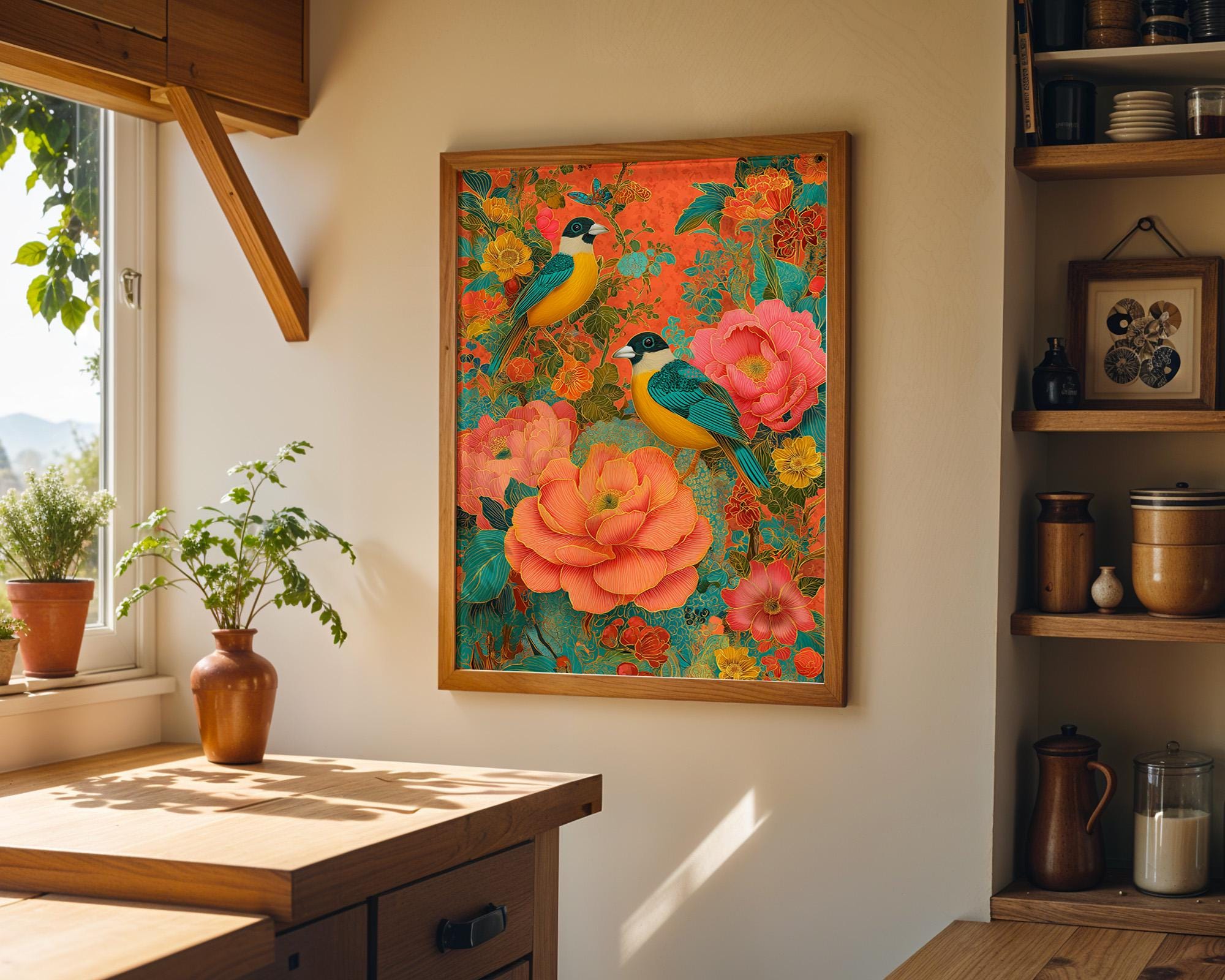 A framed colorful art print depicting two blue and yellow birds among large pink and orange flowers, hanging on a beige wall in a warm, rustic kitchen setting with wooden counters and shelves.