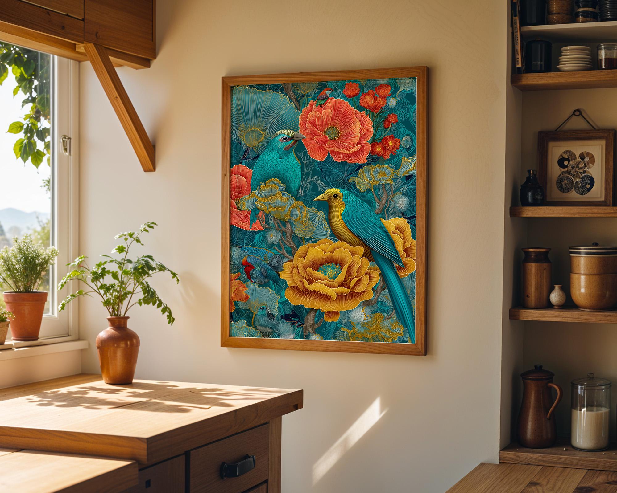 A framed colorful art print depicting blue birds, red flowers, and yellow poppies, hanging on a beige wall in a rustic kitchen setting.