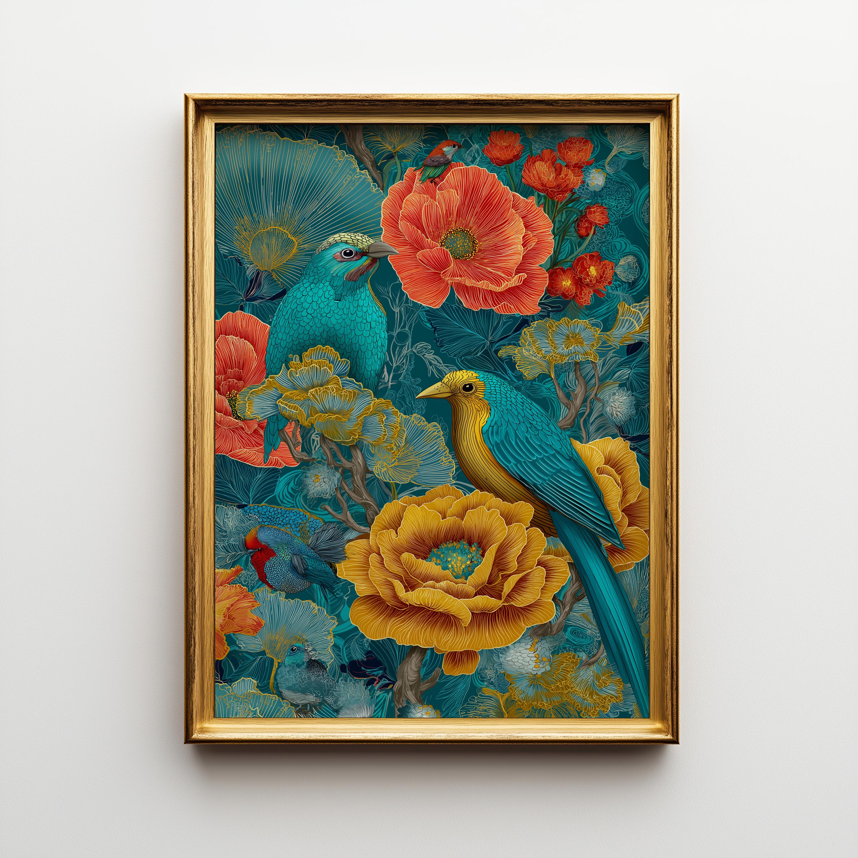 A framed art print featuring two vibrant turquoise and yellow birds among large red, yellow, and blue flowers, enclosed in a gold frame and displayed on a light gray wall.