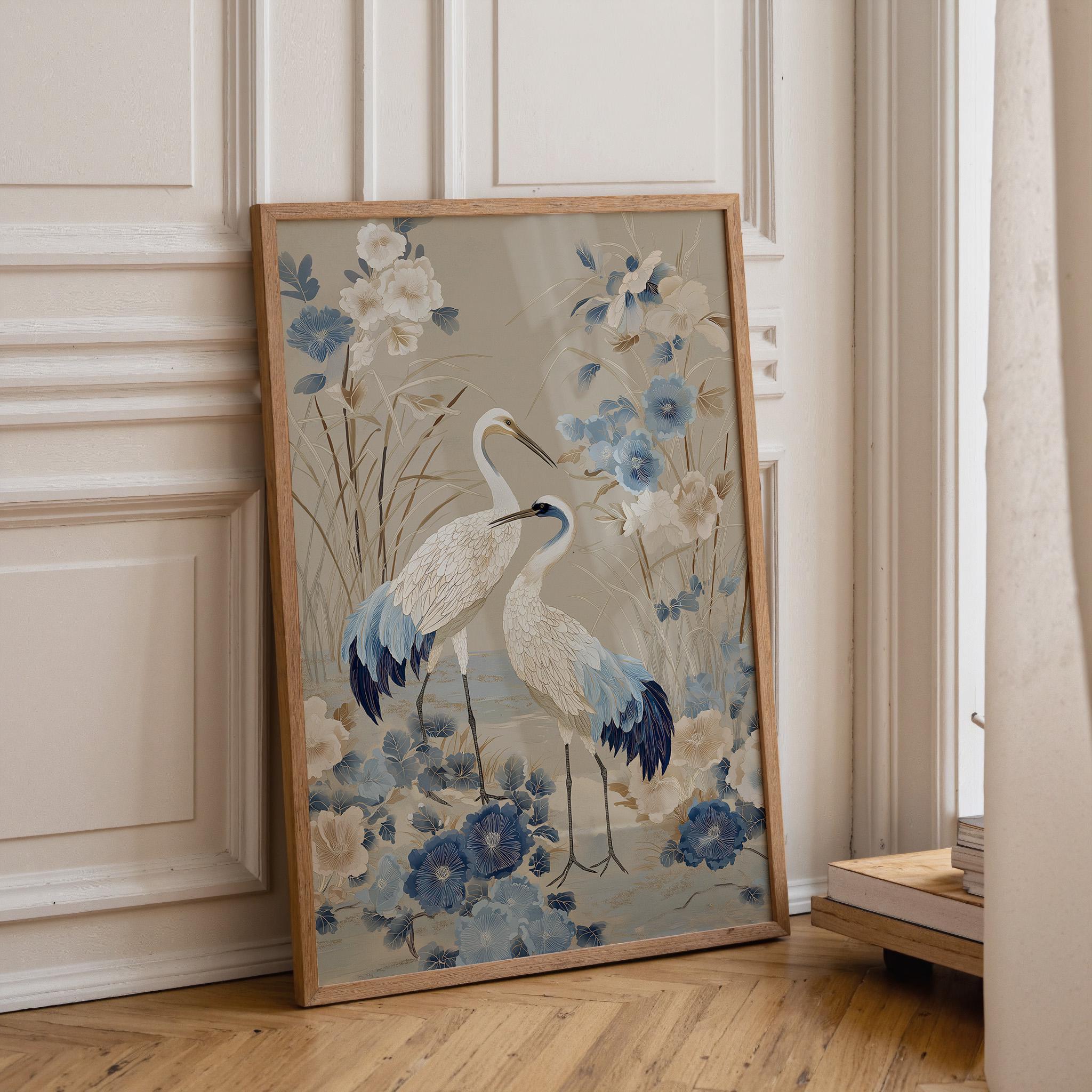 A framed art print featuring two blue and white cranes among blue and white flowers, leaning against a cream paneled wall on a light wood floor.
