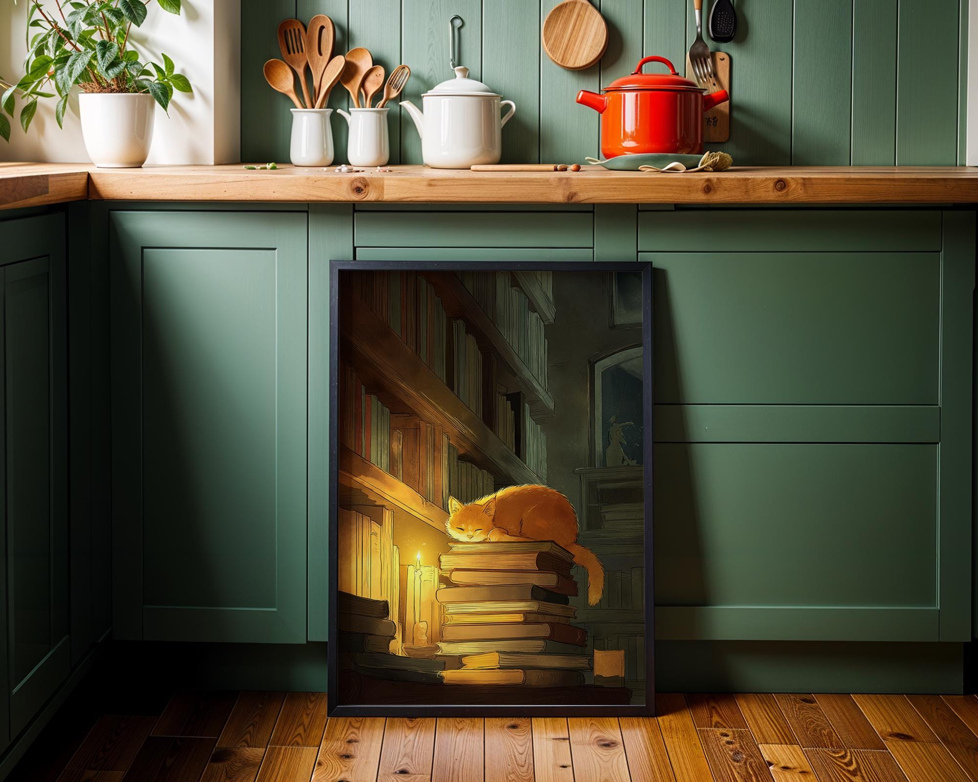 Dark Academia Cat Cozy Library Wall Art