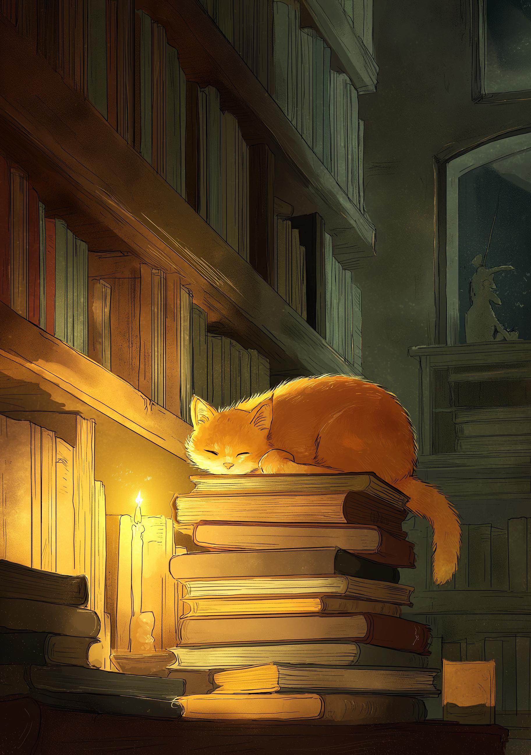 Dark Academia Cat Cozy Library Wall Art