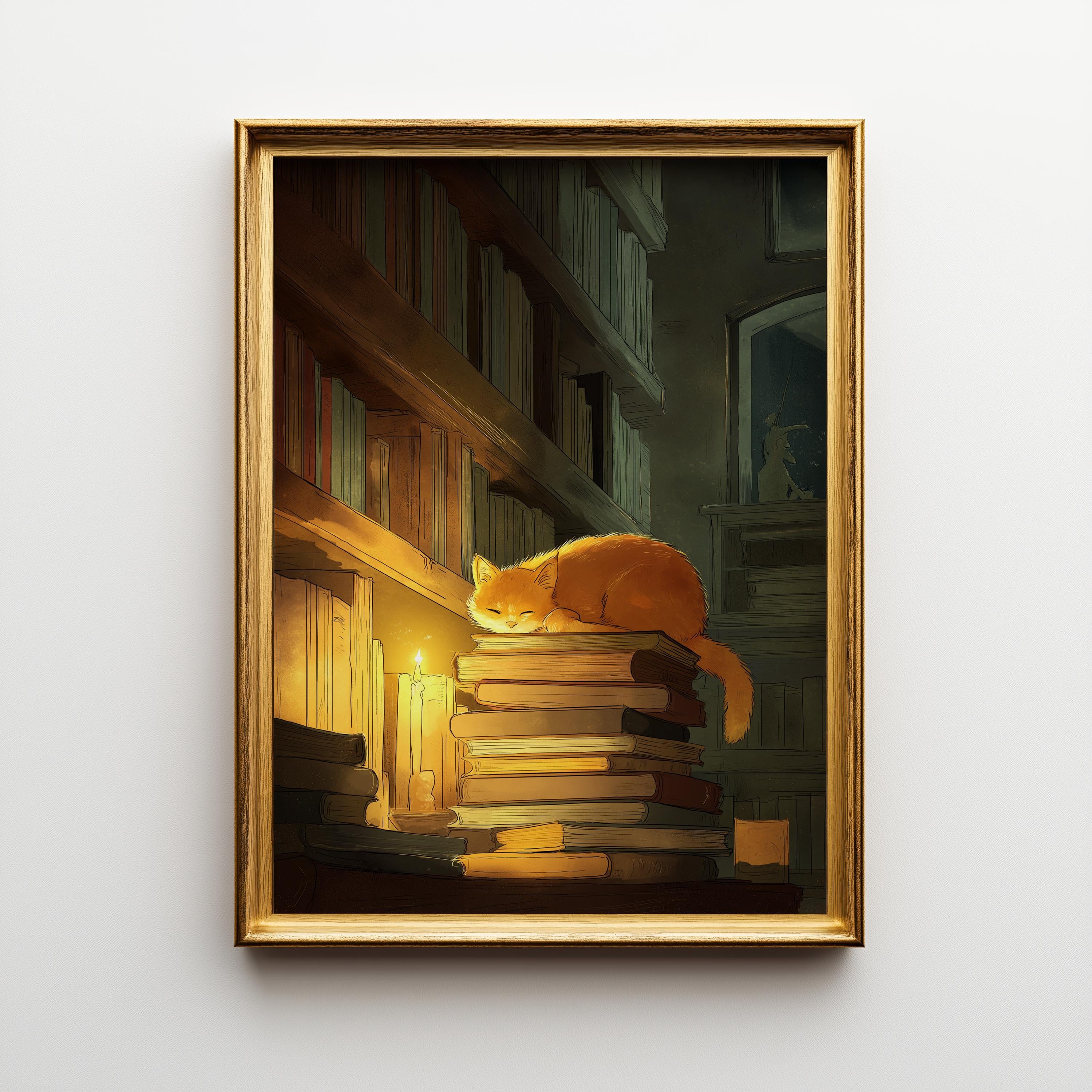 A framed art print depicting a cozy scene of an orange cat sleeping on a stack of books next to a lit candle in a dimly lit library, set in a gold frame against a light gray wall.