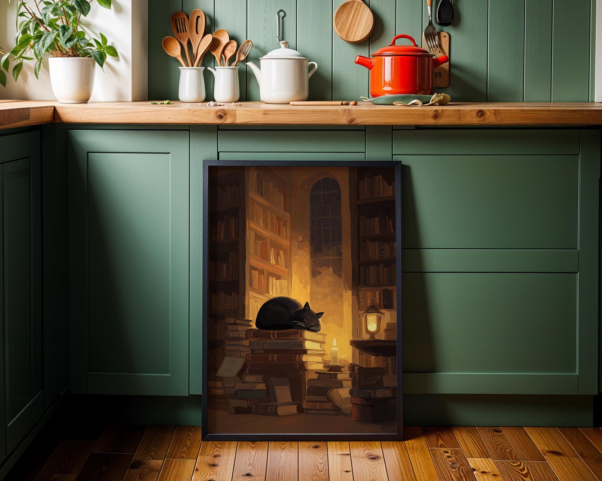 Dark Academia Cat Cozy Library Book Lover Wall Art