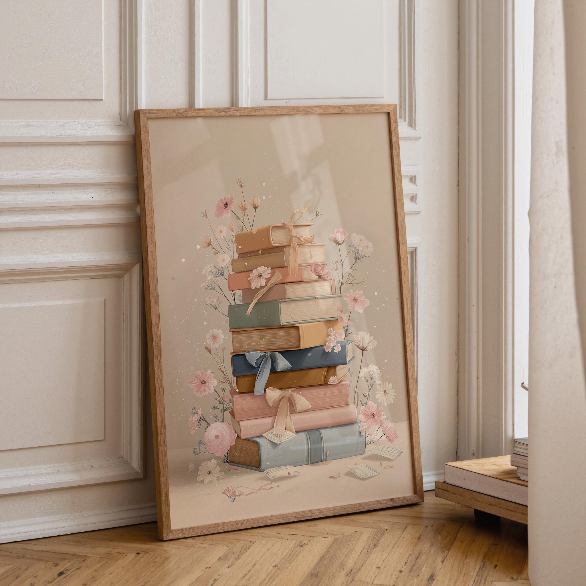 A framed art print leaning against a white paneled wall on a wooden floor. The print depicts a stack of pastel-colored books adorned with pink flowers and ribbons, set in a soft, warm interior scene.