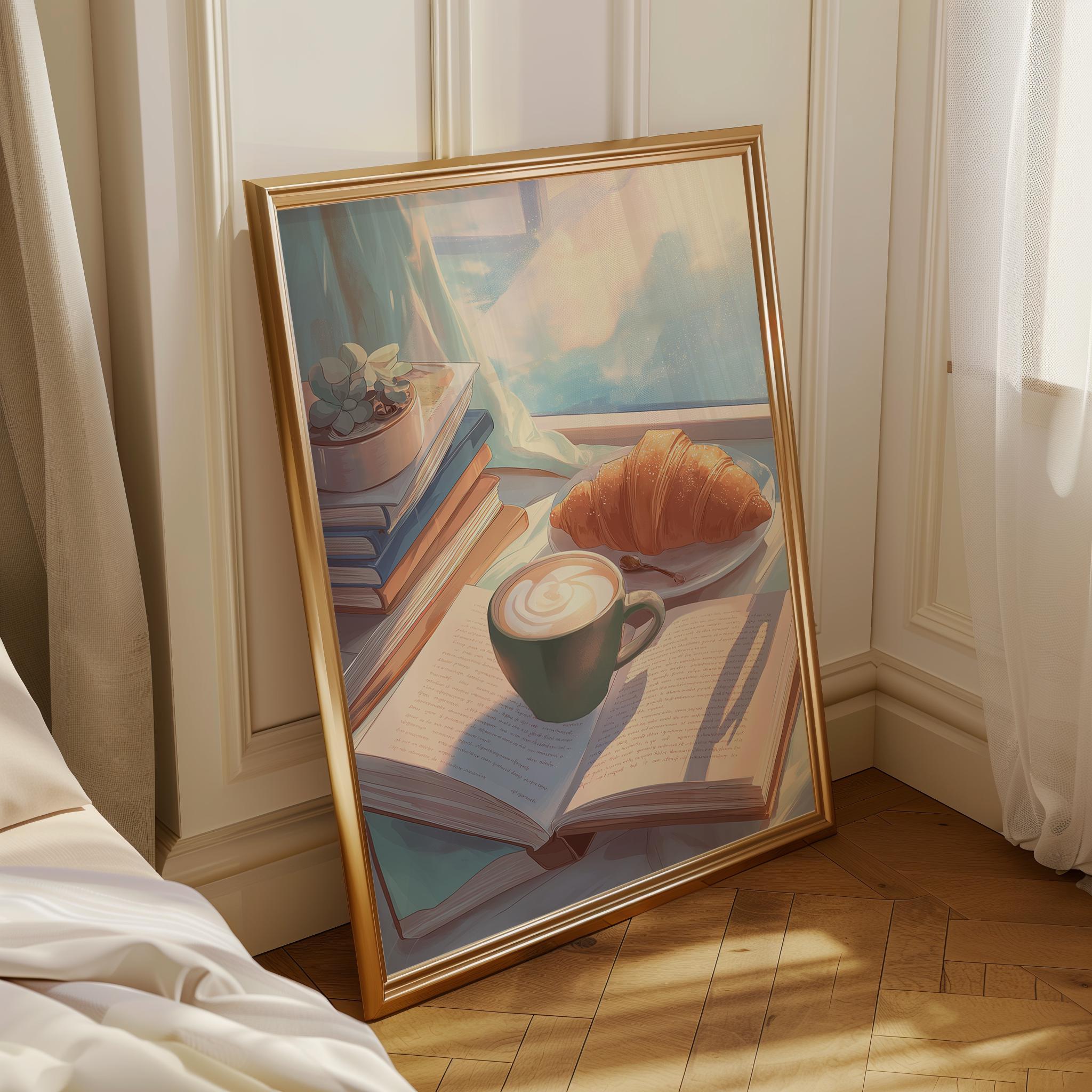A framed art print leaning against a white paneled wall in a sunlit bedroom corner. The print shows a cozy still life with an open book, a cup of latte, a croissant, and a small potted plant, all enclosed in a gold frame.
