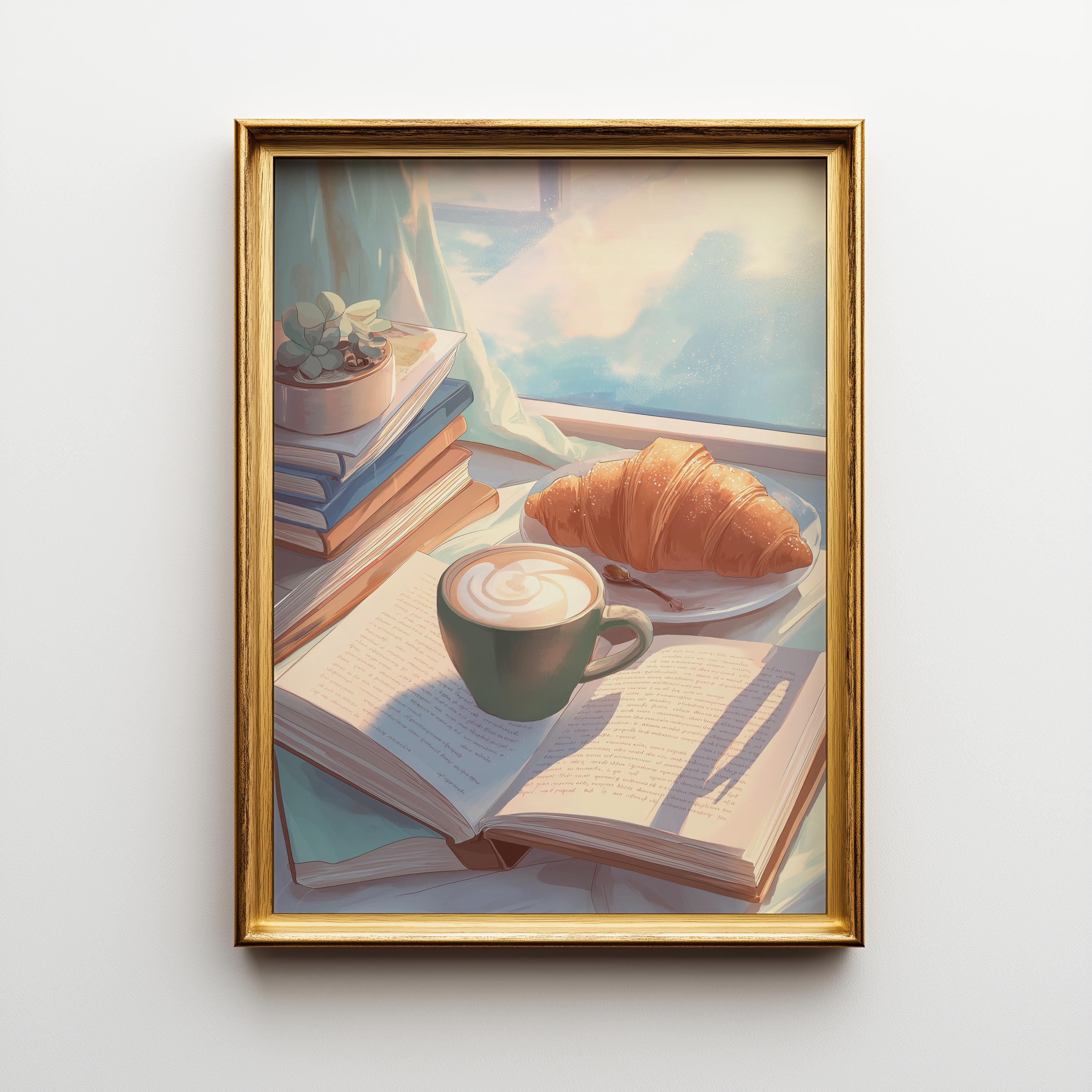 A framed art print depicting a cozy still life scene with an open book, a cup of latte, a croissant on a plate, and stacked books near a window, all enclosed in a gold frame and hanging on a light gray wall.