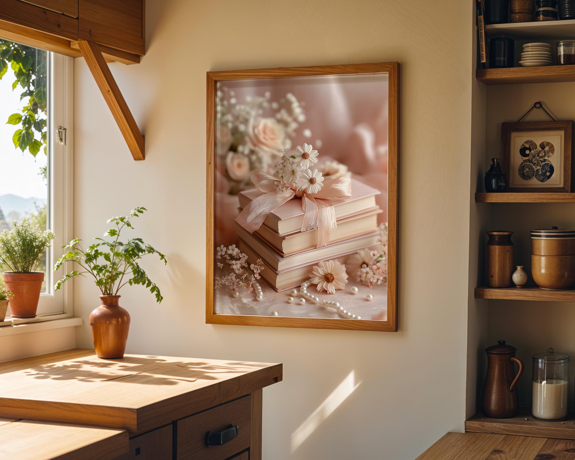 Coquette Pink Floral Book Stack Wall Art