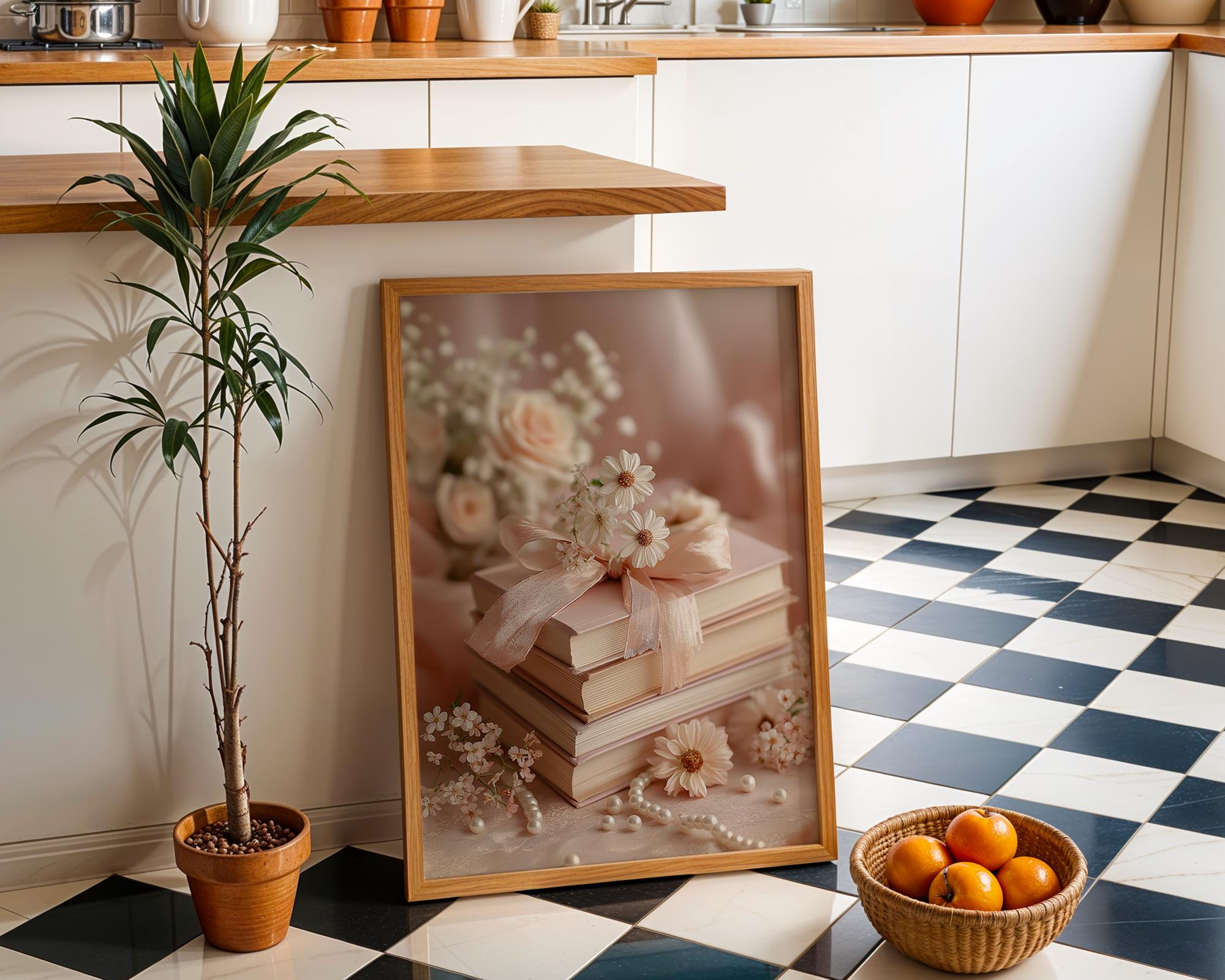 Coquette Pink Floral Book Stack Wall Art