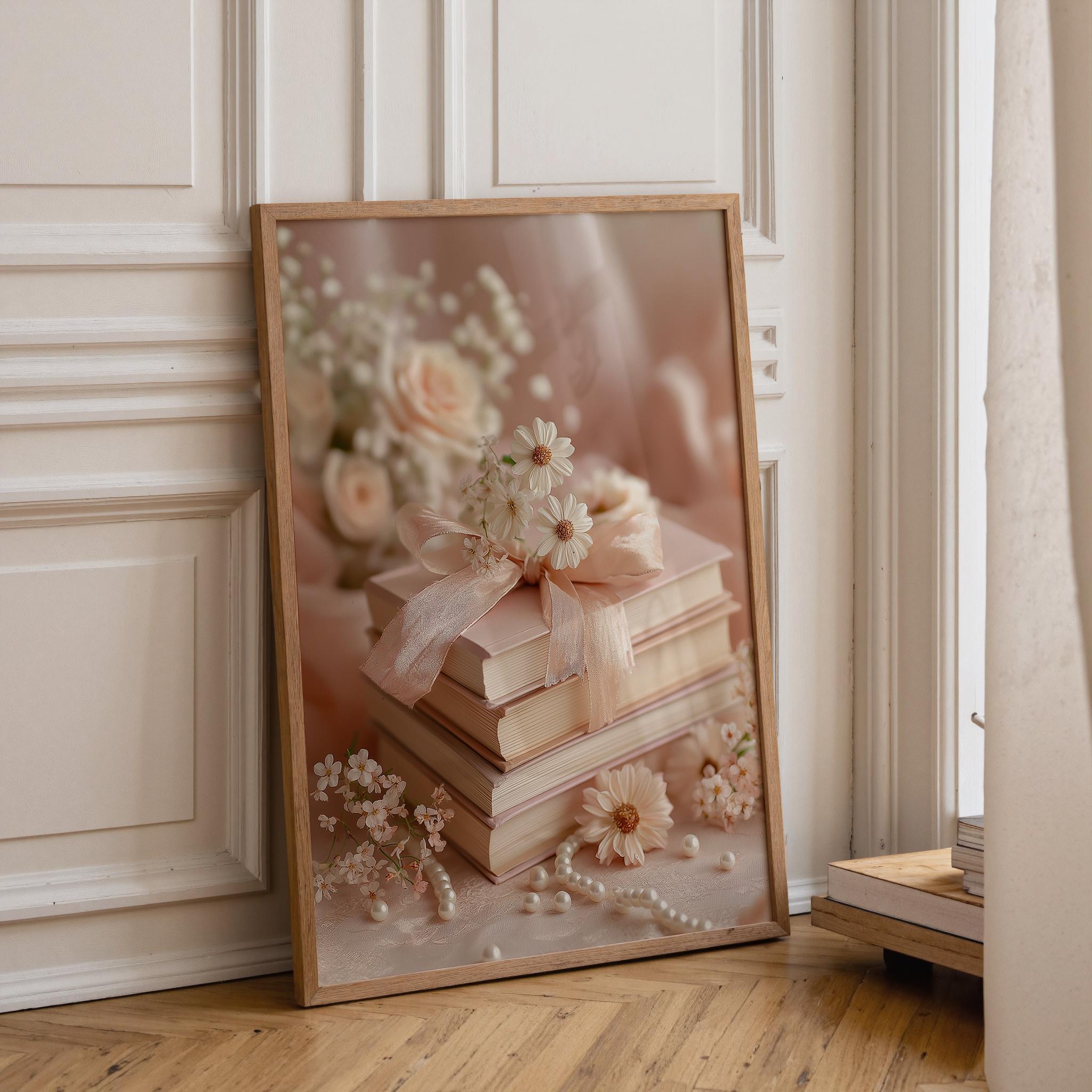 Coquette Pink Floral Book Stack Wall Art