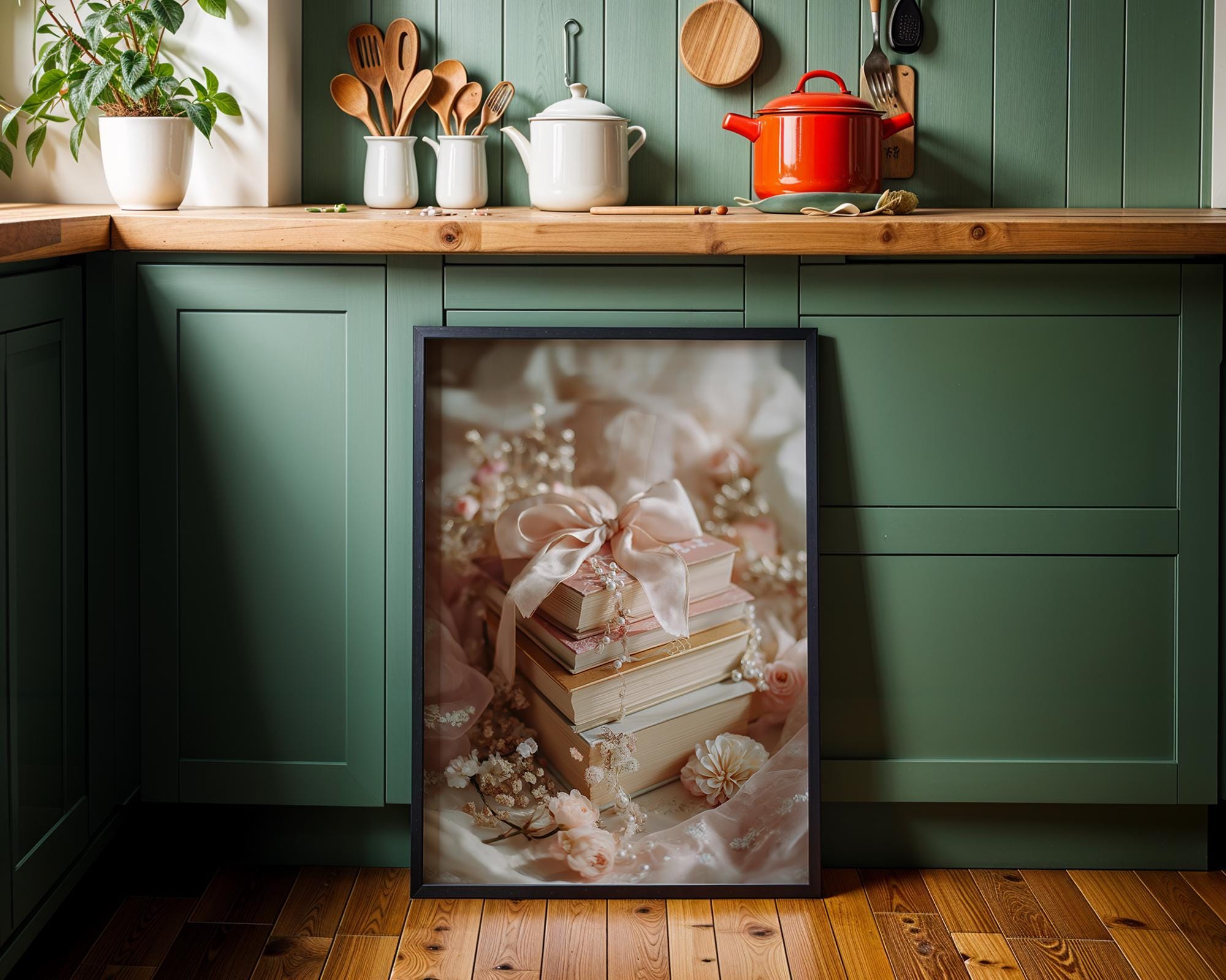 Coquette Pink Floral Library Book Stack Wall Ar