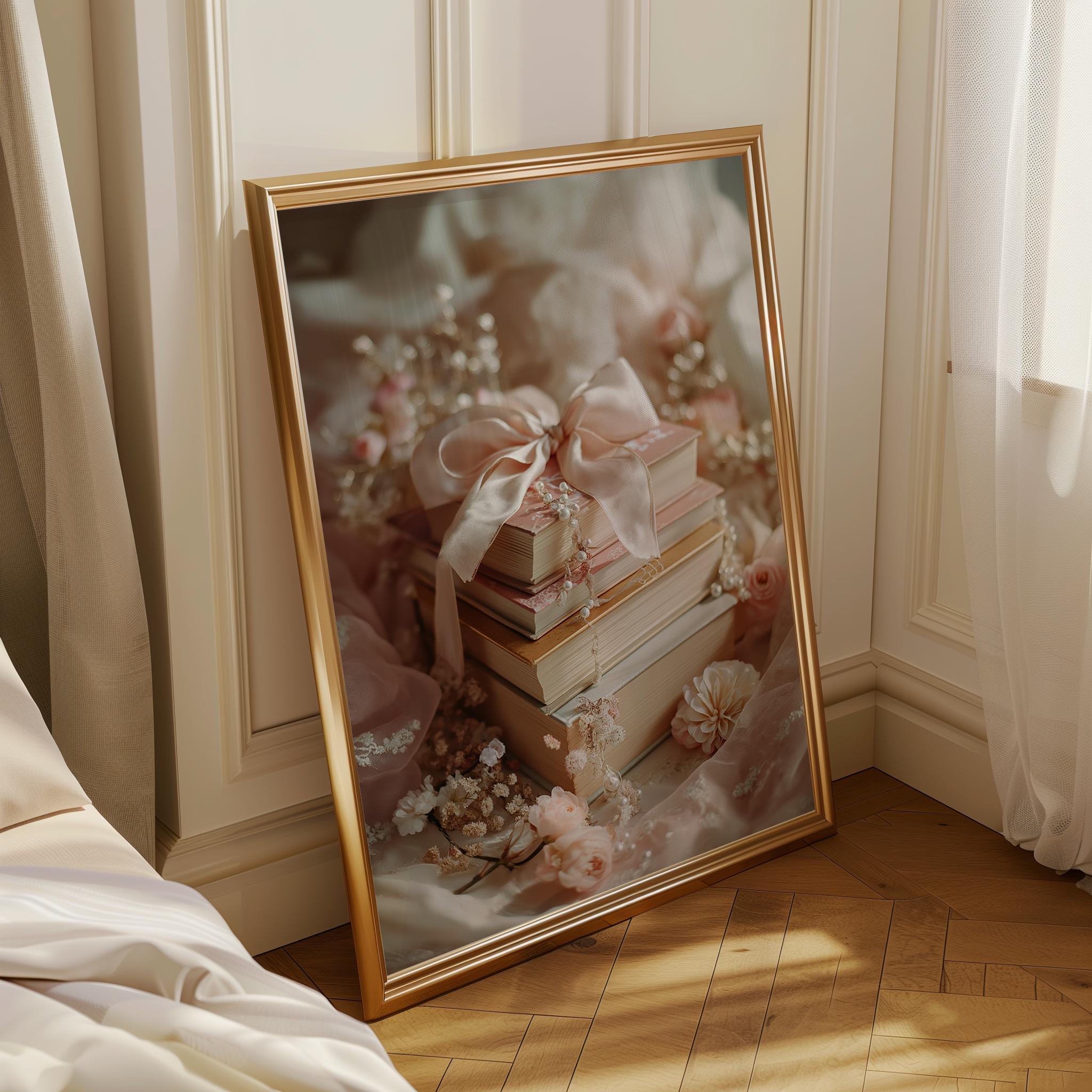 Coquette Pink Floral Library Book Stack Wall Ar