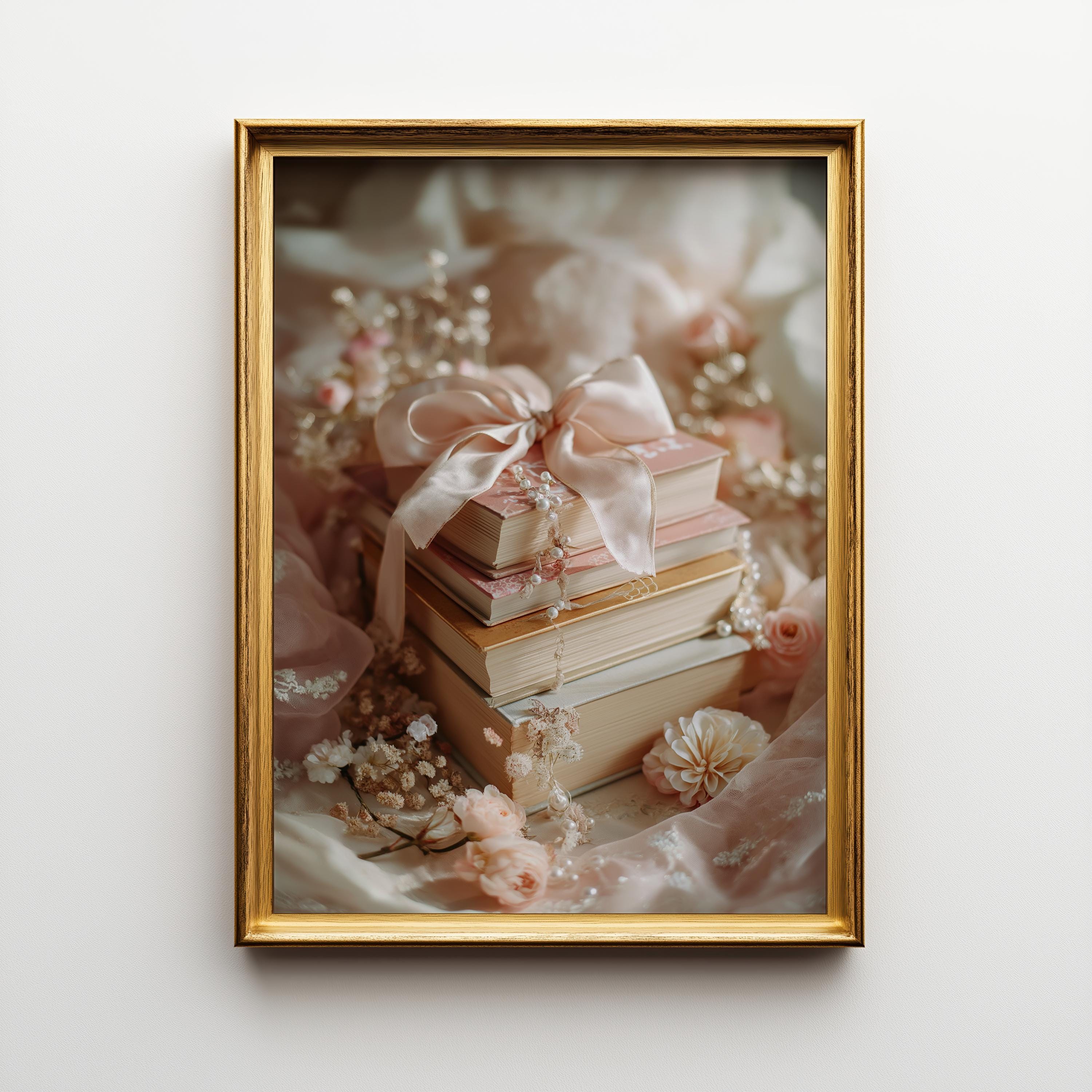 Coquette Pink Floral Library Book Stack Wall Ar