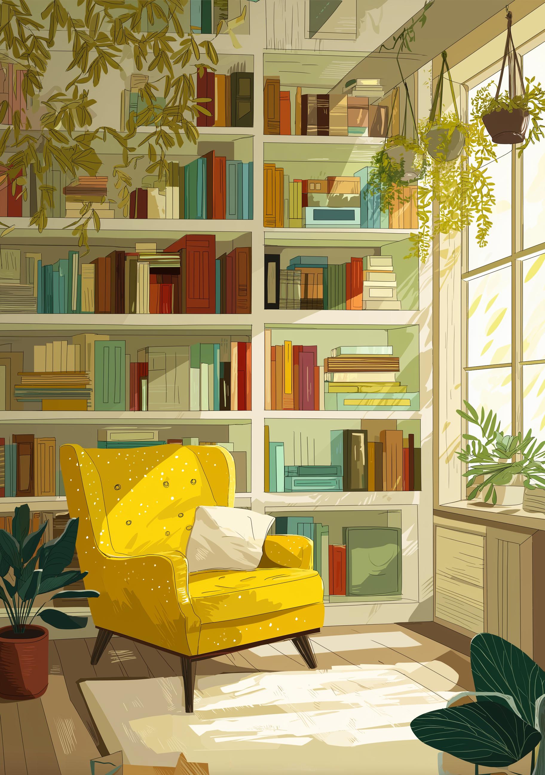 Cozy Reading Nook with Plants Wall Art