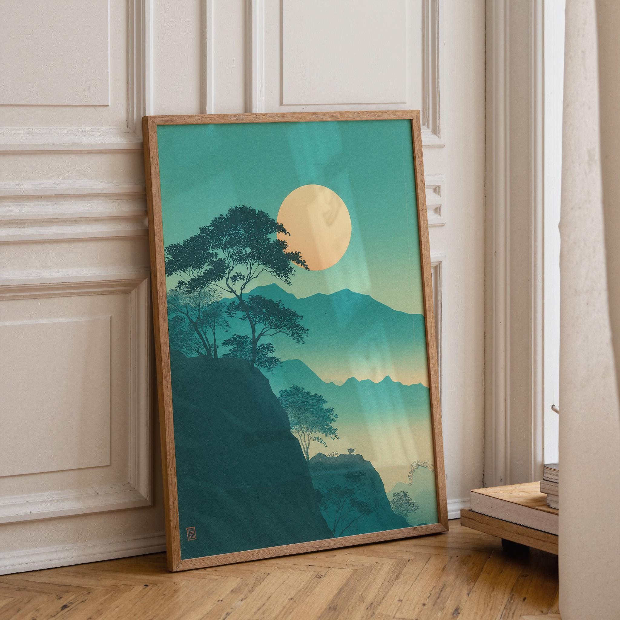 Japanese Moon Mountain Teal Landscape Wall Art by The Wall Art Studio