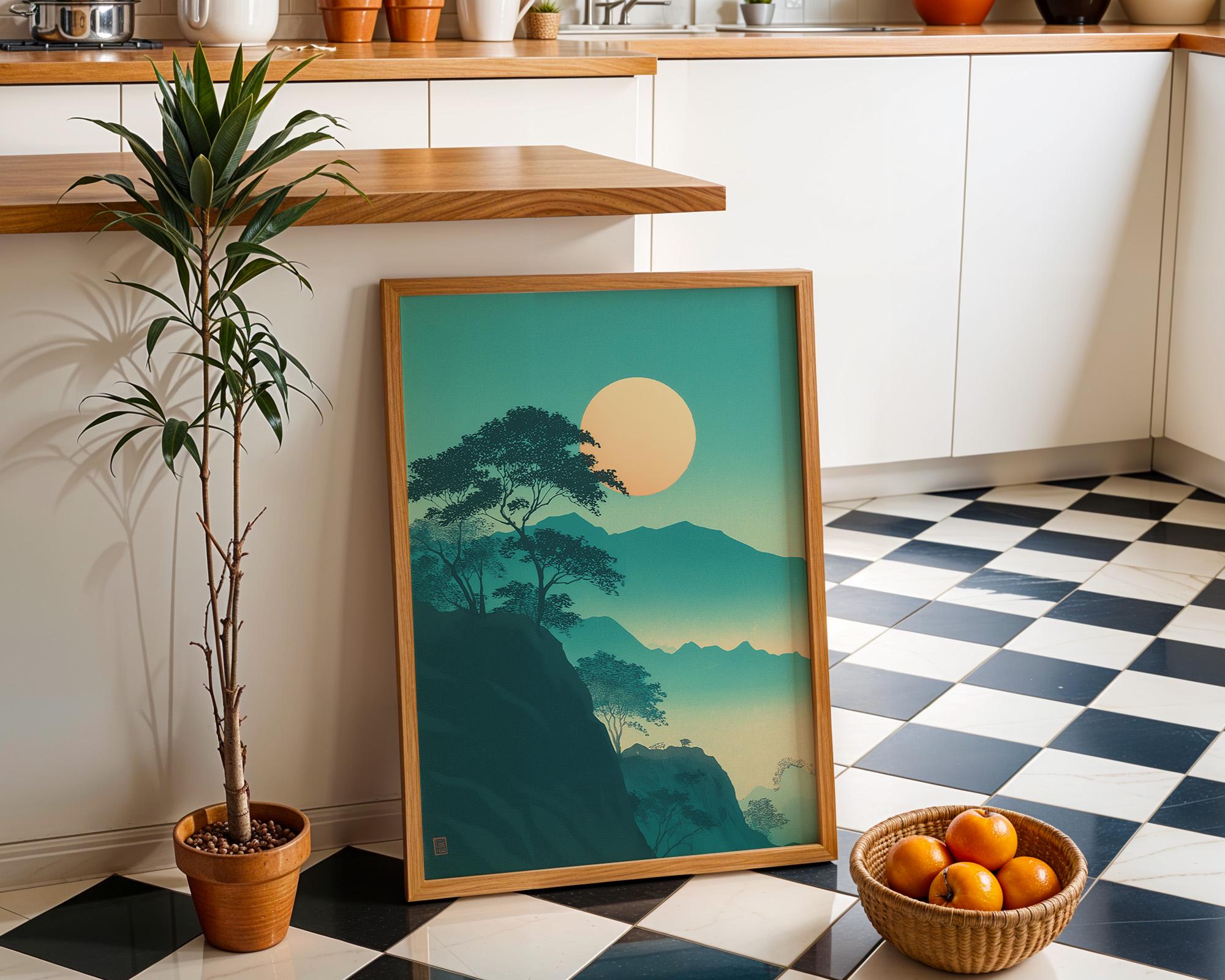 Japanese Moon Mountain Teal Landscape Wall Art by The Wall Art Studio