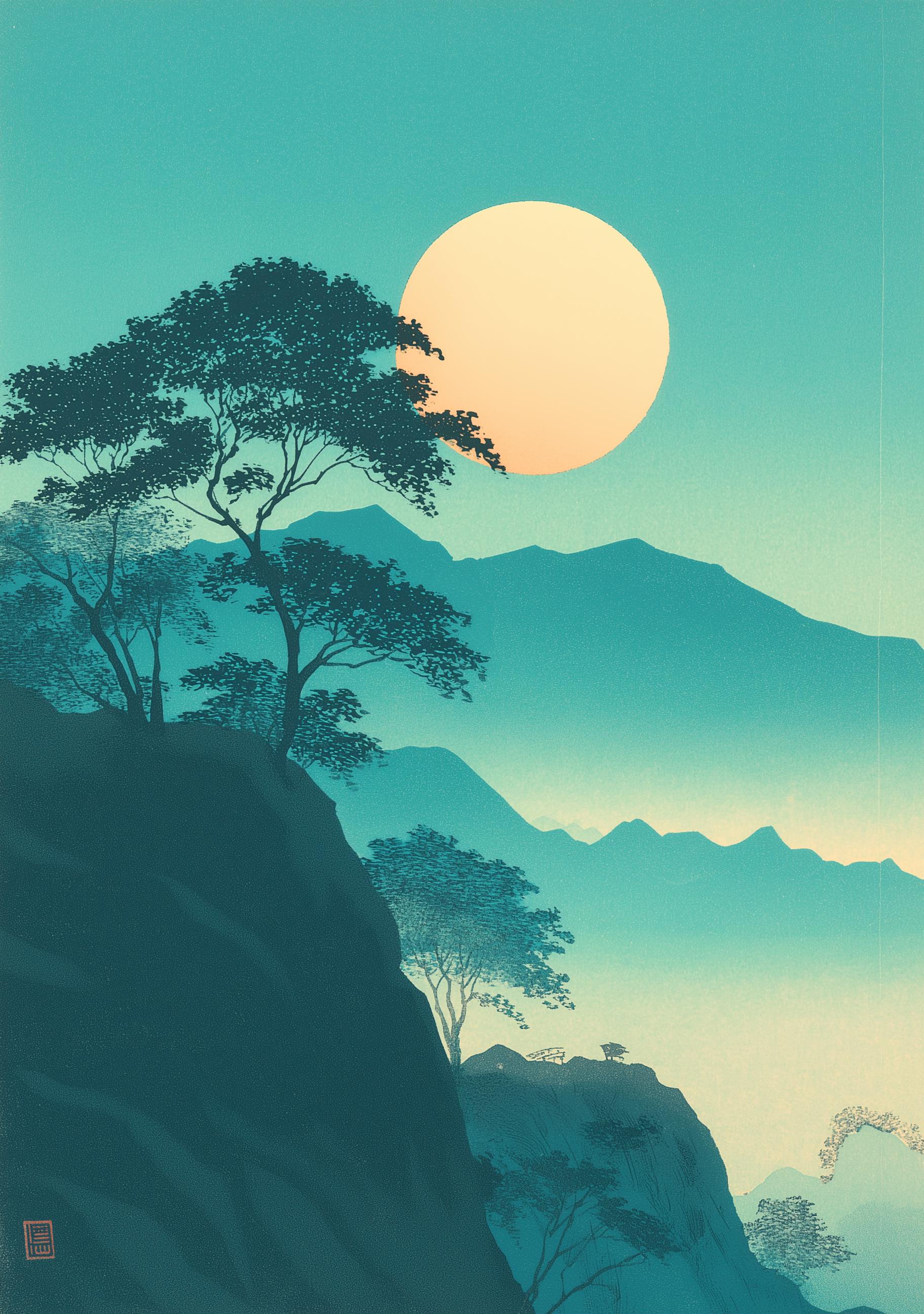 Japanese Moon Mountain Teal Landscape Wall Art by The Wall Art Studio