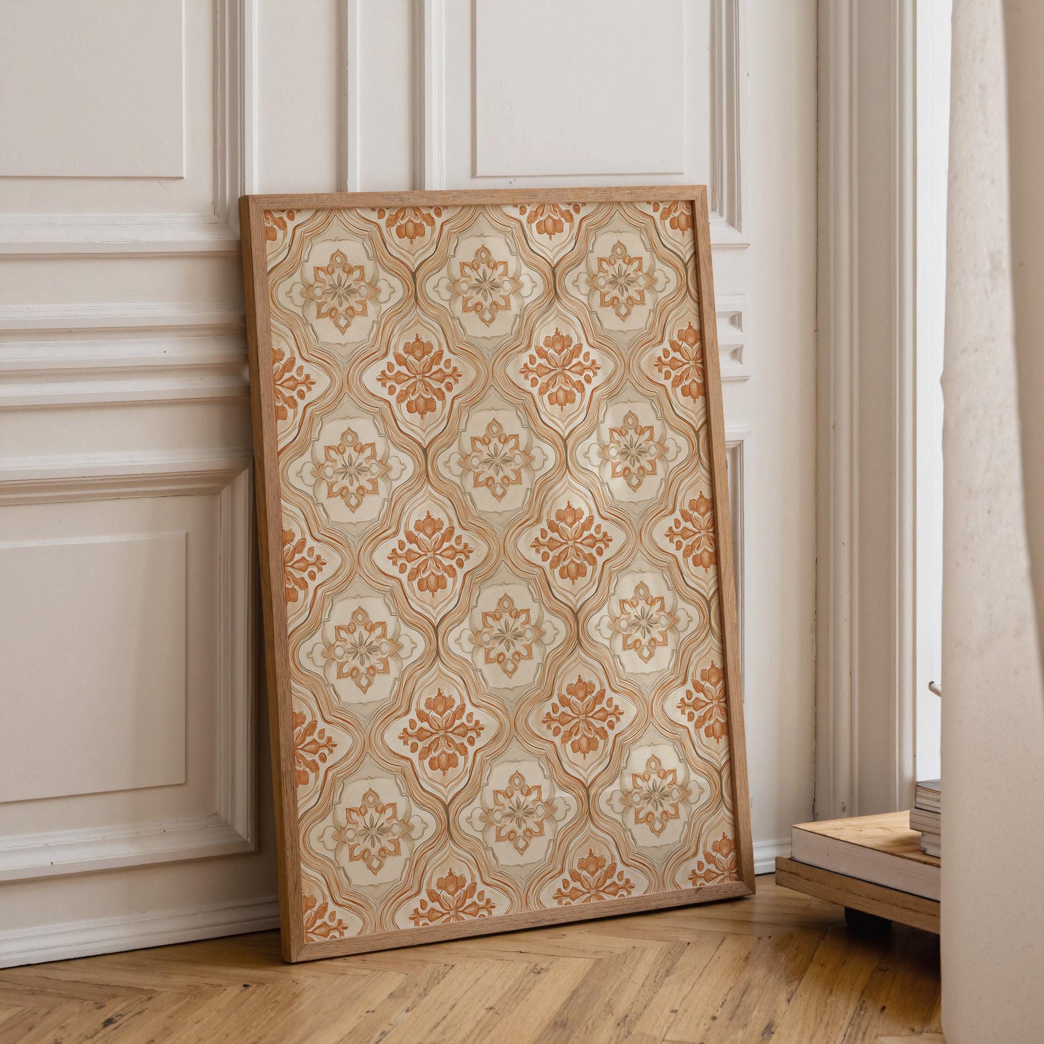 Moroccan Tile Pattern Neutral Boho Beige Terracotta Floral Geometric Wall Art by The Wall Art Studio