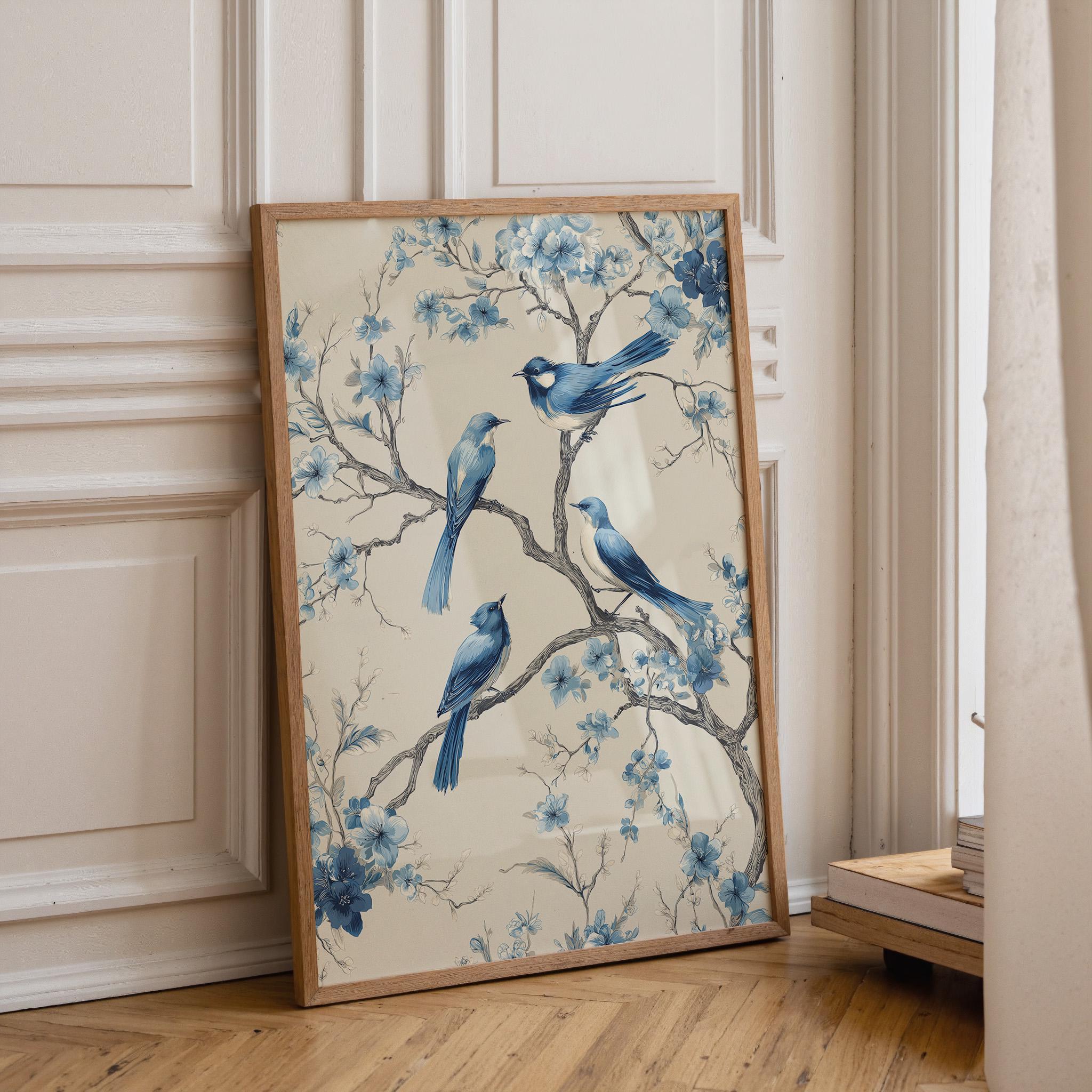 A framed art print featuring three blue birds perched on flowering branches, leaning against a cream paneled wall on a light wood floor.