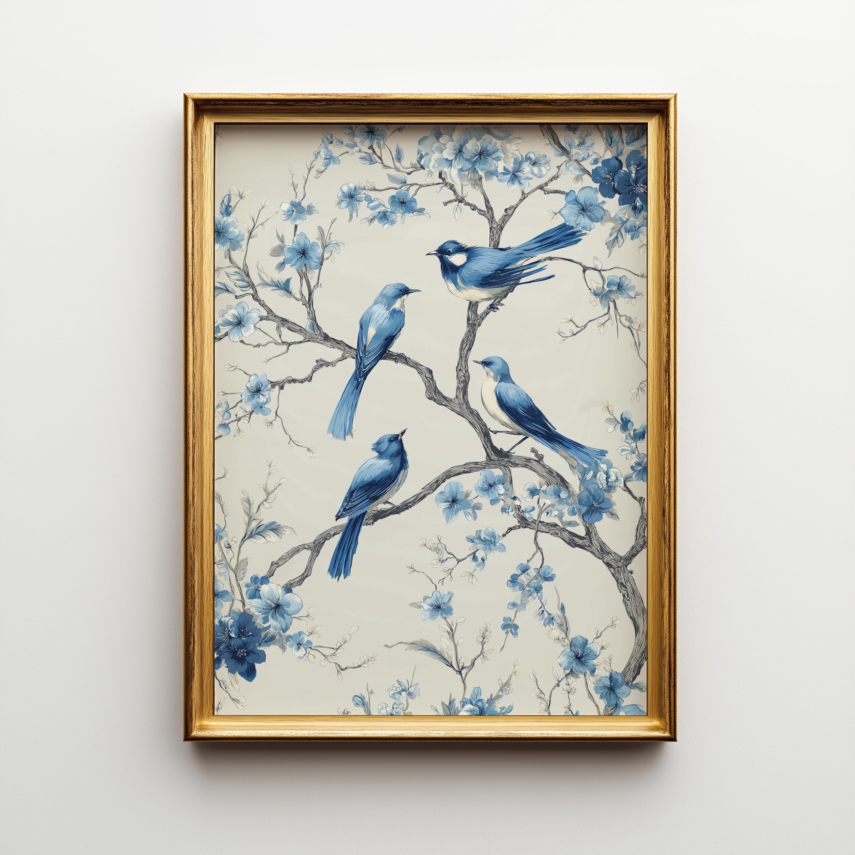 A framed art print featuring three blue birds perched on delicate blue flowering branches against a warm cream background, enclosed in a gold frame and hanging on a light gray wall.