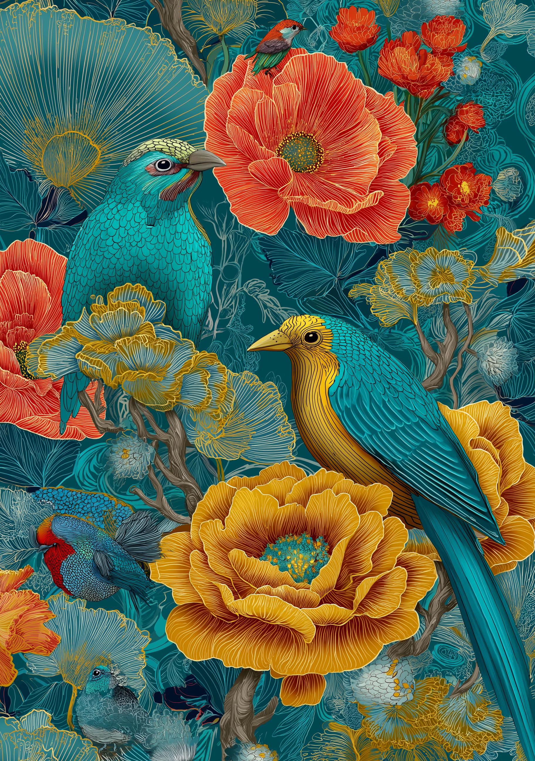 Maximalist Floral Chinoiserie Bird Print