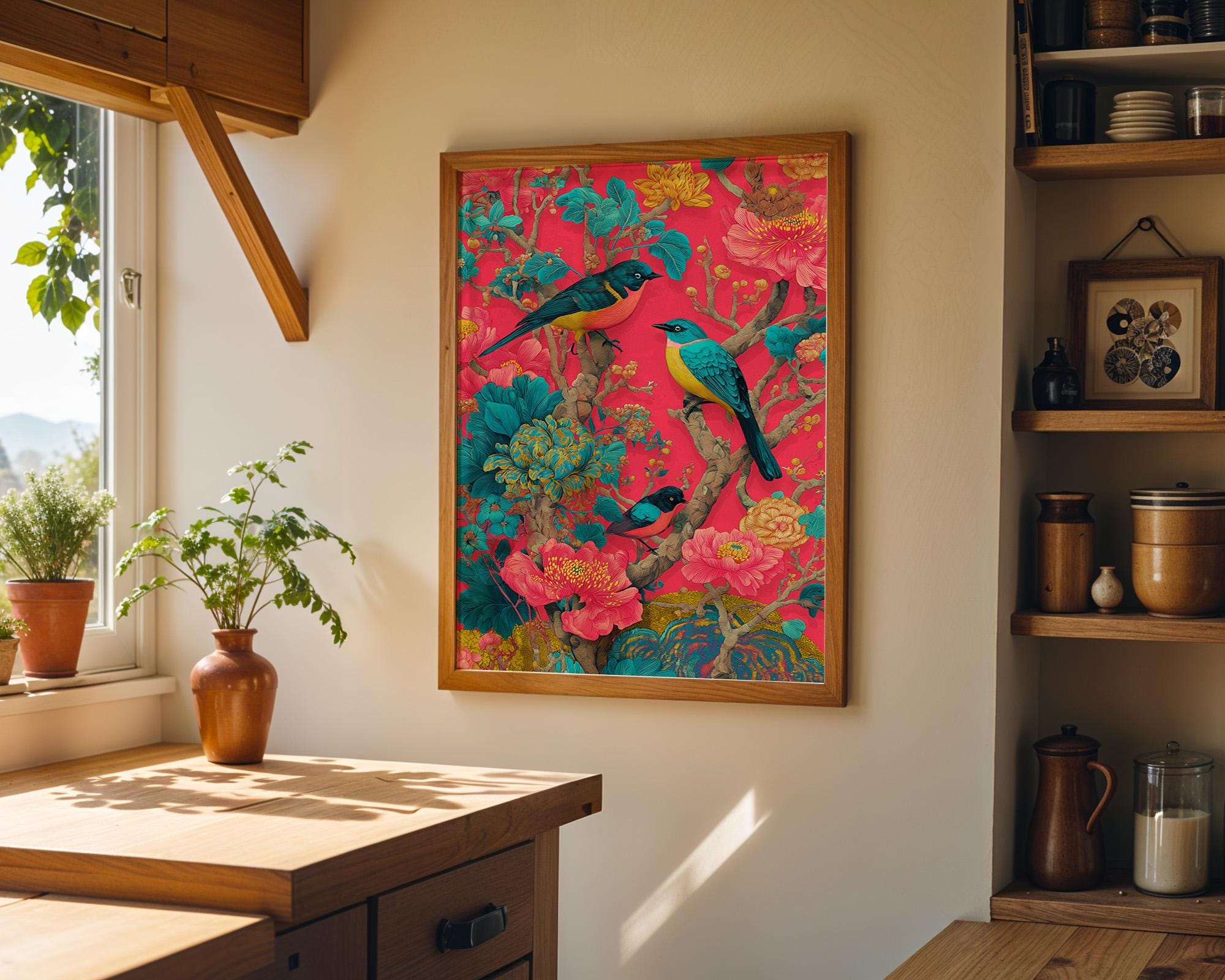 A framed colorful wall art print featuring two blue birds and pink floral motifs, displayed on a beige wall in a warm, rustic kitchen setting with wooden cabinets, shelves, and potted plants.