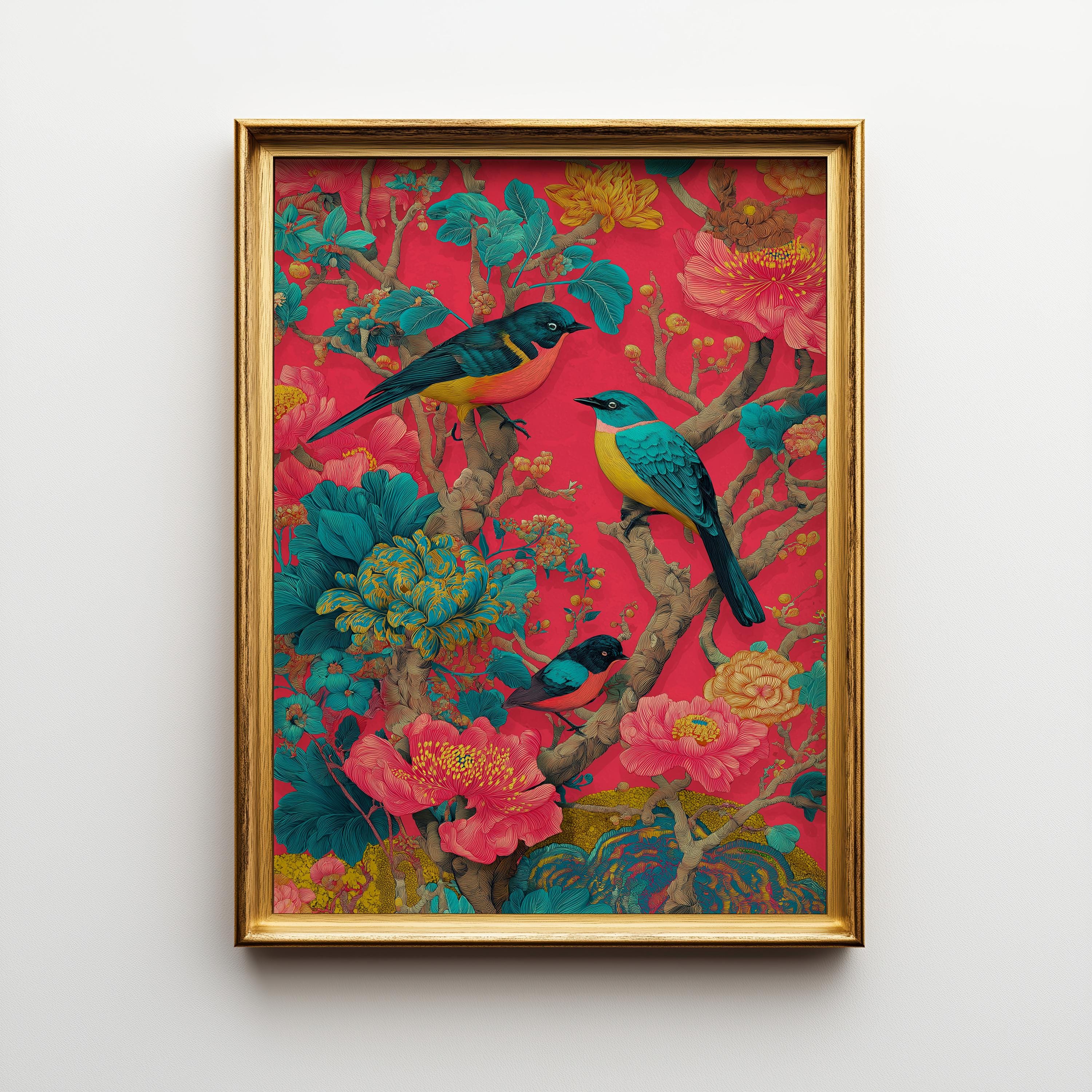 Framed wall art featuring a vibrant floral and bird illustration, displayed against a light gray wall. The artwork depicts three colorful birds perched among pink flowers and teal foliage on a bright pink background, enclosed in a gold frame.