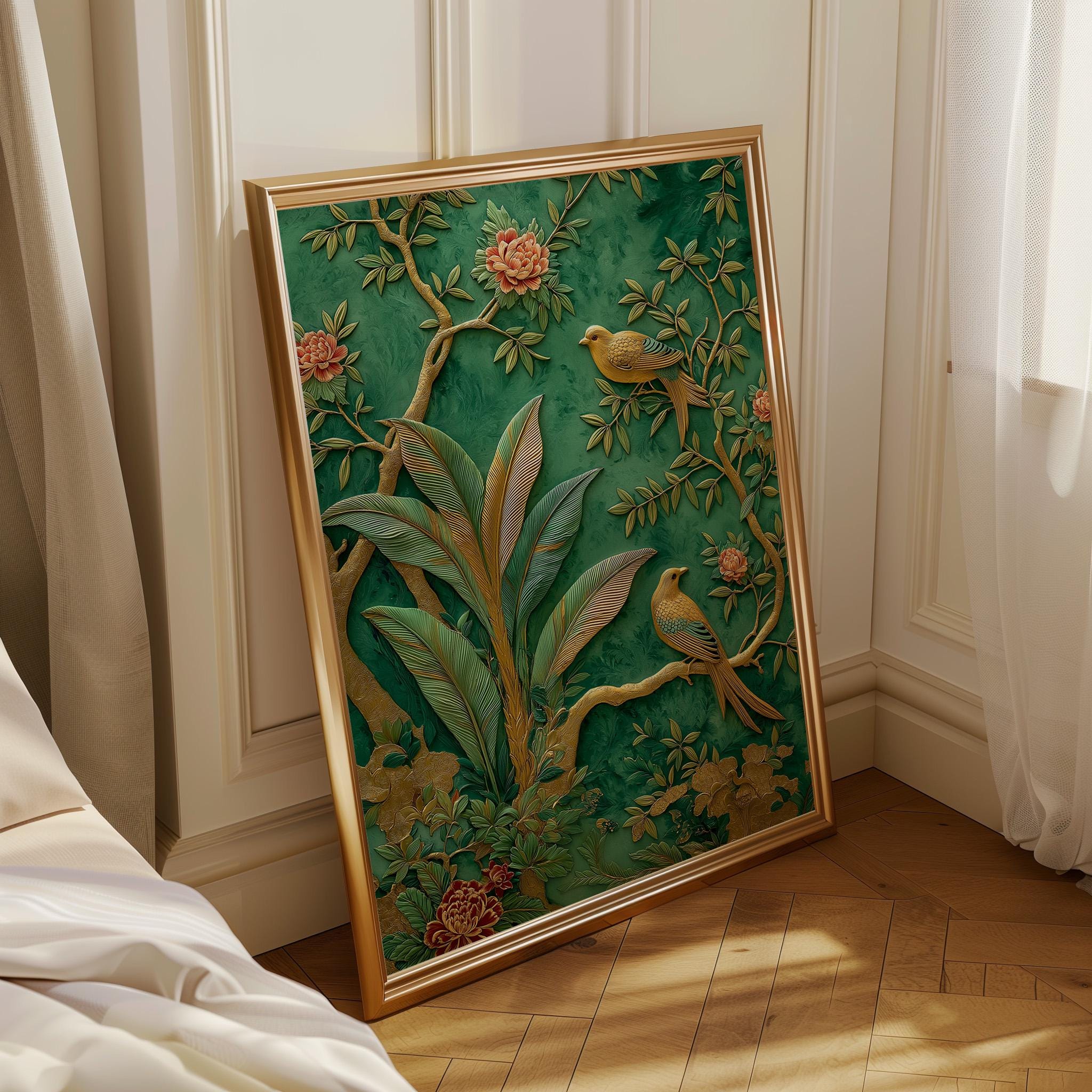 Emerald Green Chinoiserie Bird Wall Art