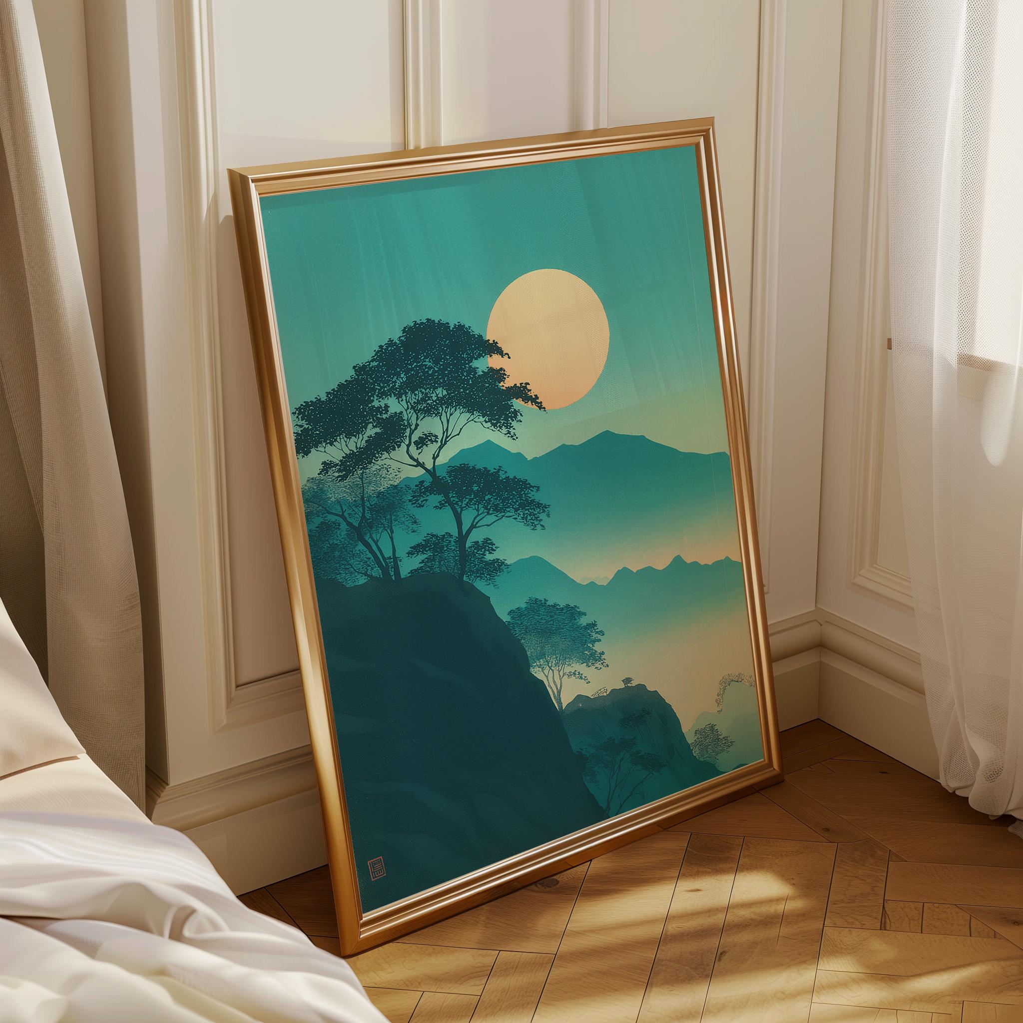 Japanese Moon Mountain Teal Landscape Wall Art by The Wall Art Studio