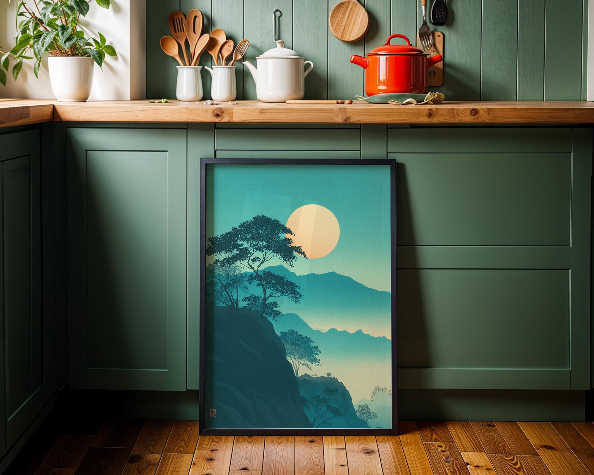 Japanese Moon Mountain Teal Landscape Wall Art by The Wall Art Studio