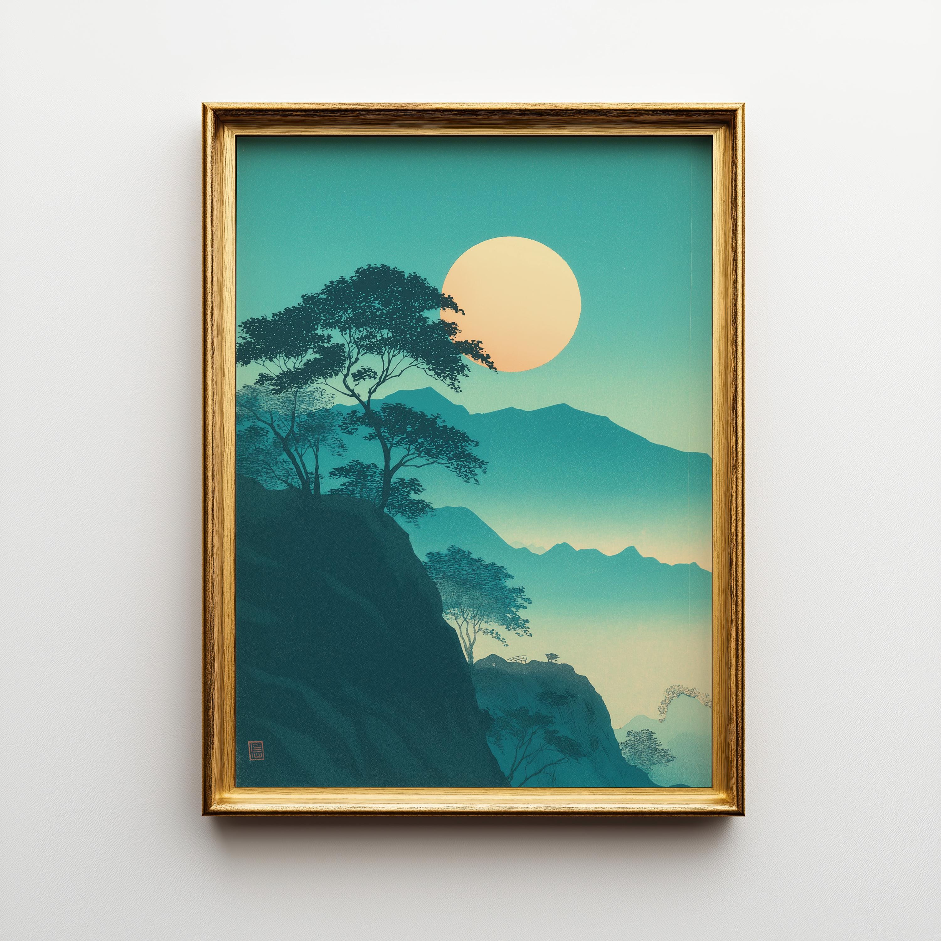 Japanese Moon Mountain Teal Landscape Wall Art by The Wall Art Studio