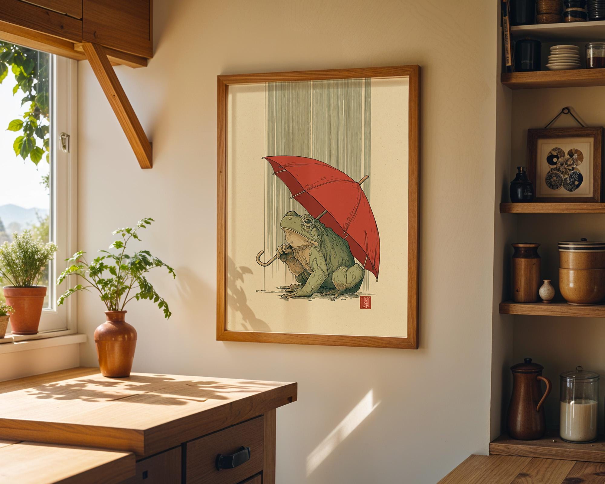 Mouse With Umbrella Cute Rainy Day Minimalist Nursery Wall Art by The Wall Art Studio
