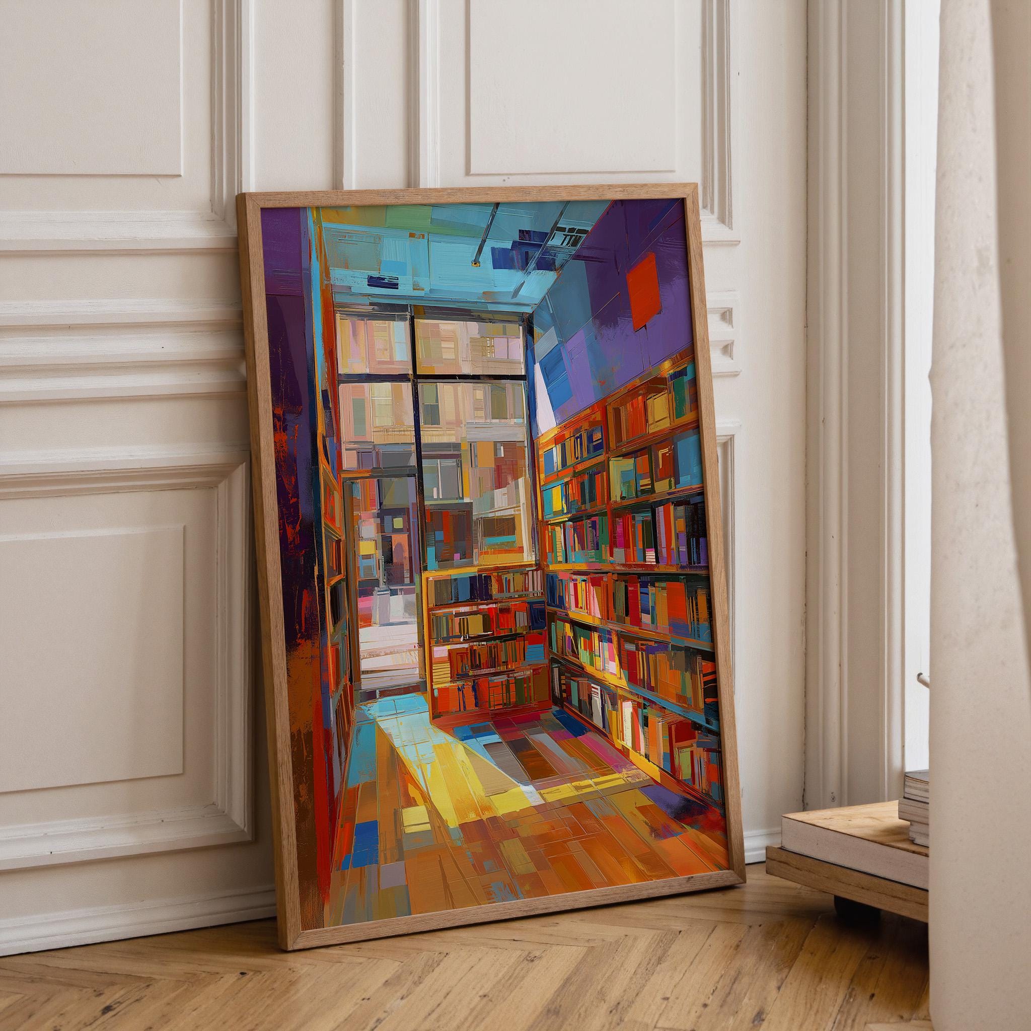 A framed colorful painting of a library interior leaning against a cream paneled wall on a wooden floor.