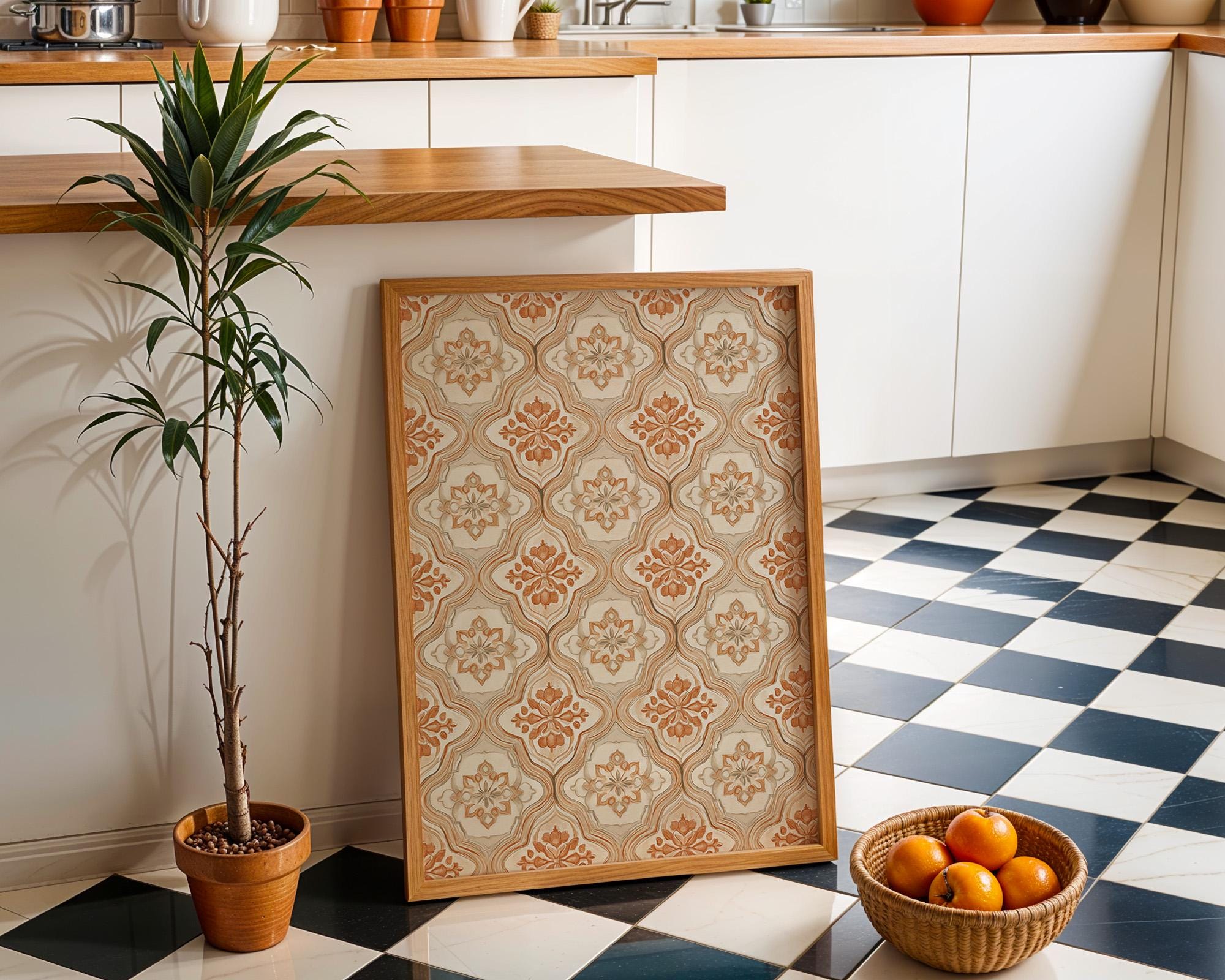 Moroccan Tile Pattern Neutral Boho Beige Terracotta Floral Geometric Wall Art by The Wall Art Studio