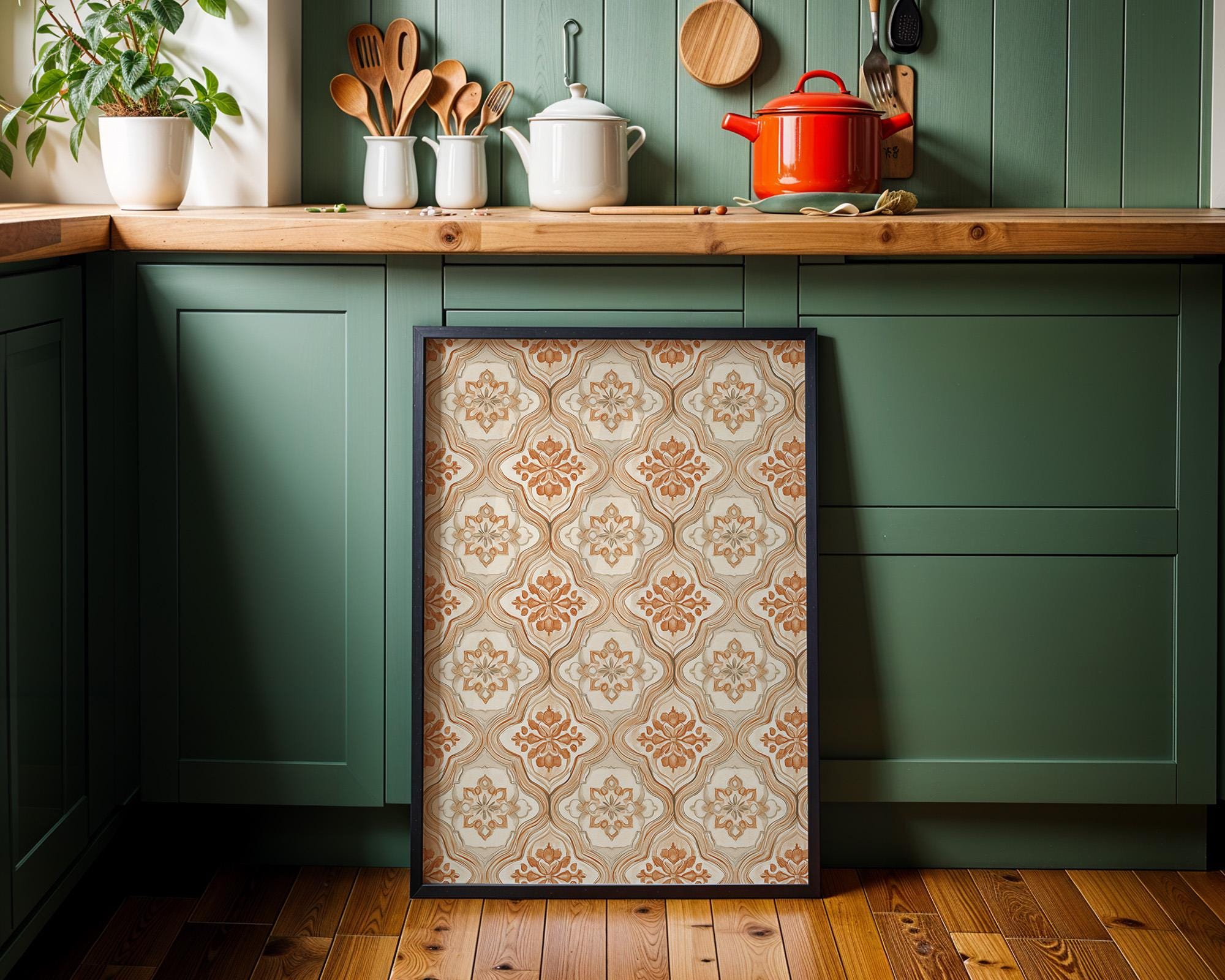 Moroccan Tile Pattern Neutral Boho Beige Terracotta Floral Geometric Wall Art by The Wall Art Studio