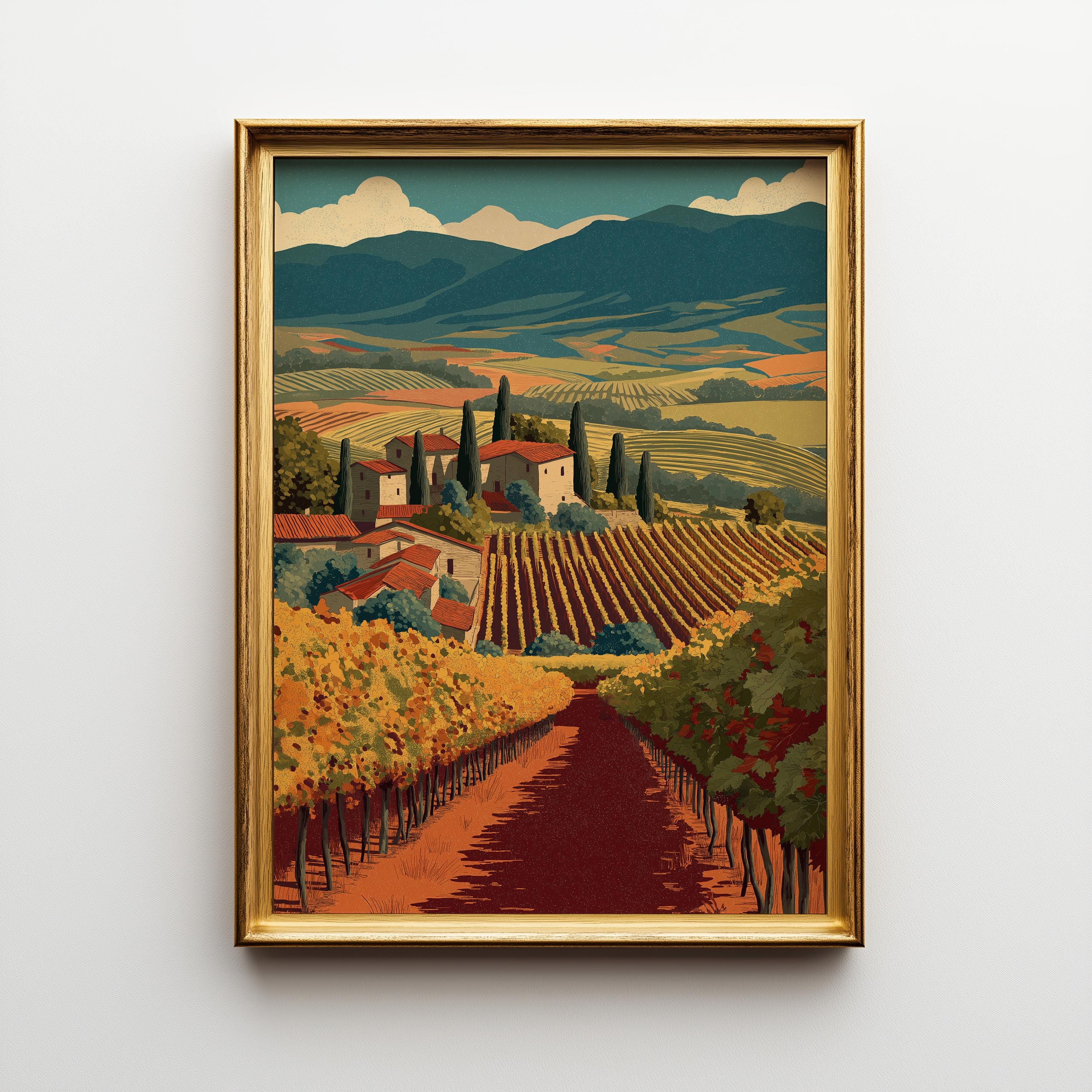 Tuscan Vineyard Wall Art, Italian Countryside Print