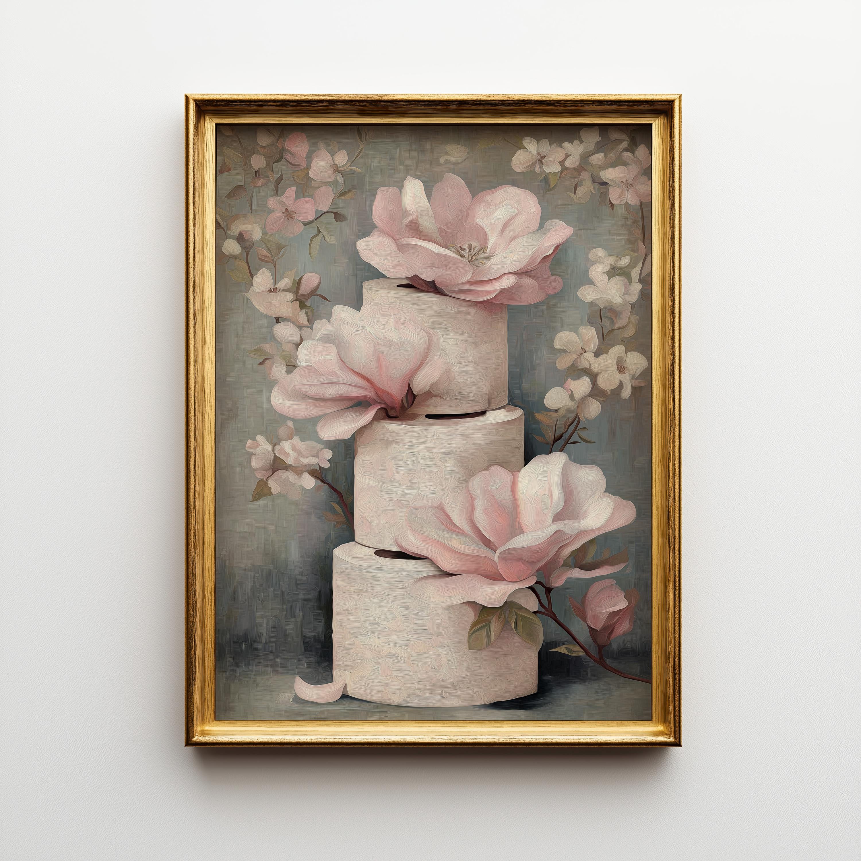 A framed art print featuring a three-tiered cake decorated with large pink magnolia flowers, set against a muted blue-gray background with cherry blossom branches. The artwork is enclosed in a gold frame and hangs on a light gray wall.
