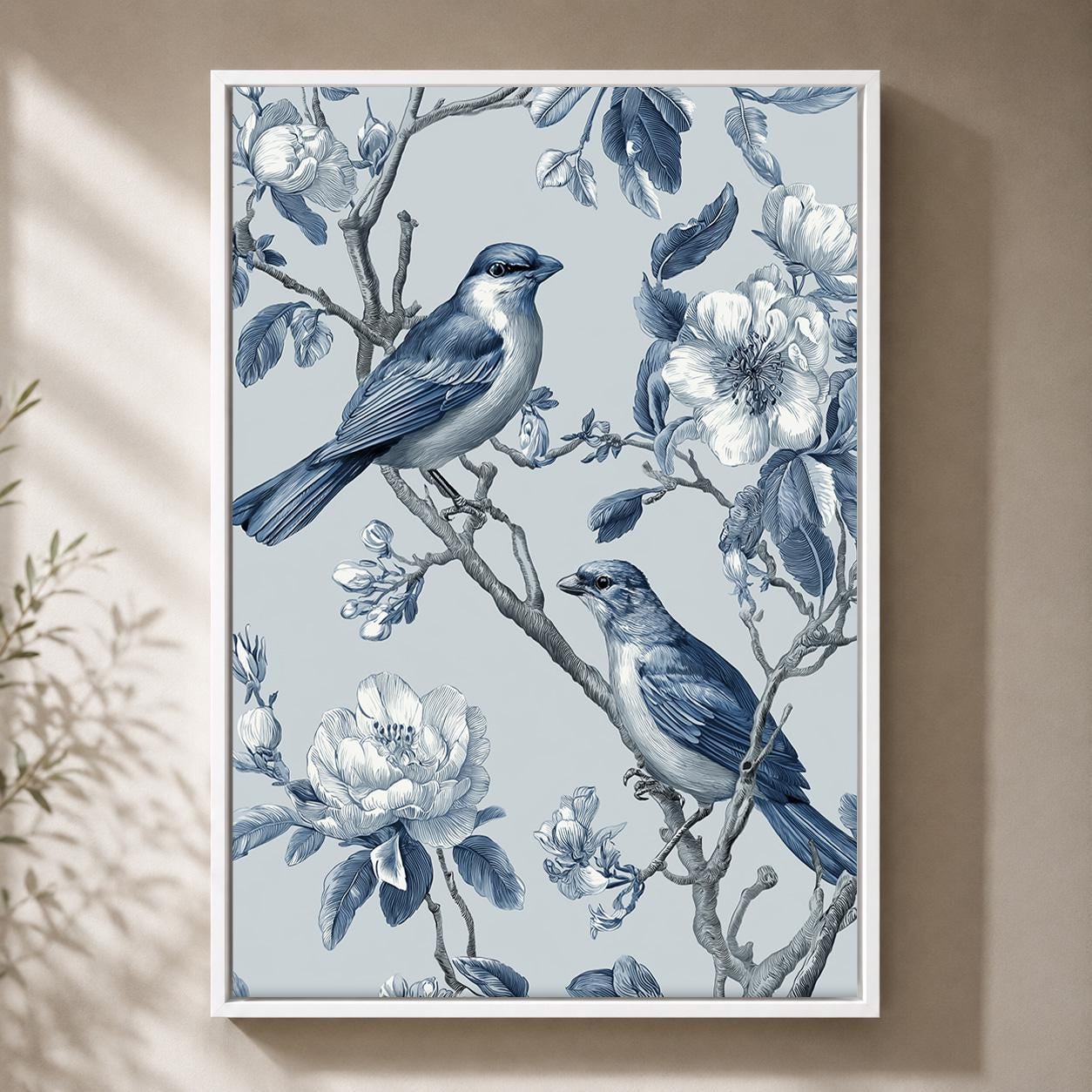 Blue Chinoiserie Bird Framed Canvas