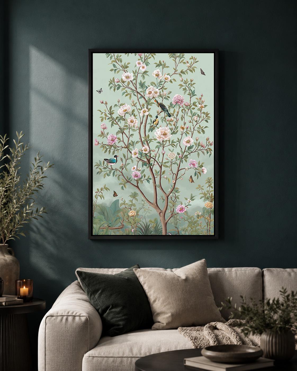 Chinoiserie Floral Bird Framed Canvas Art