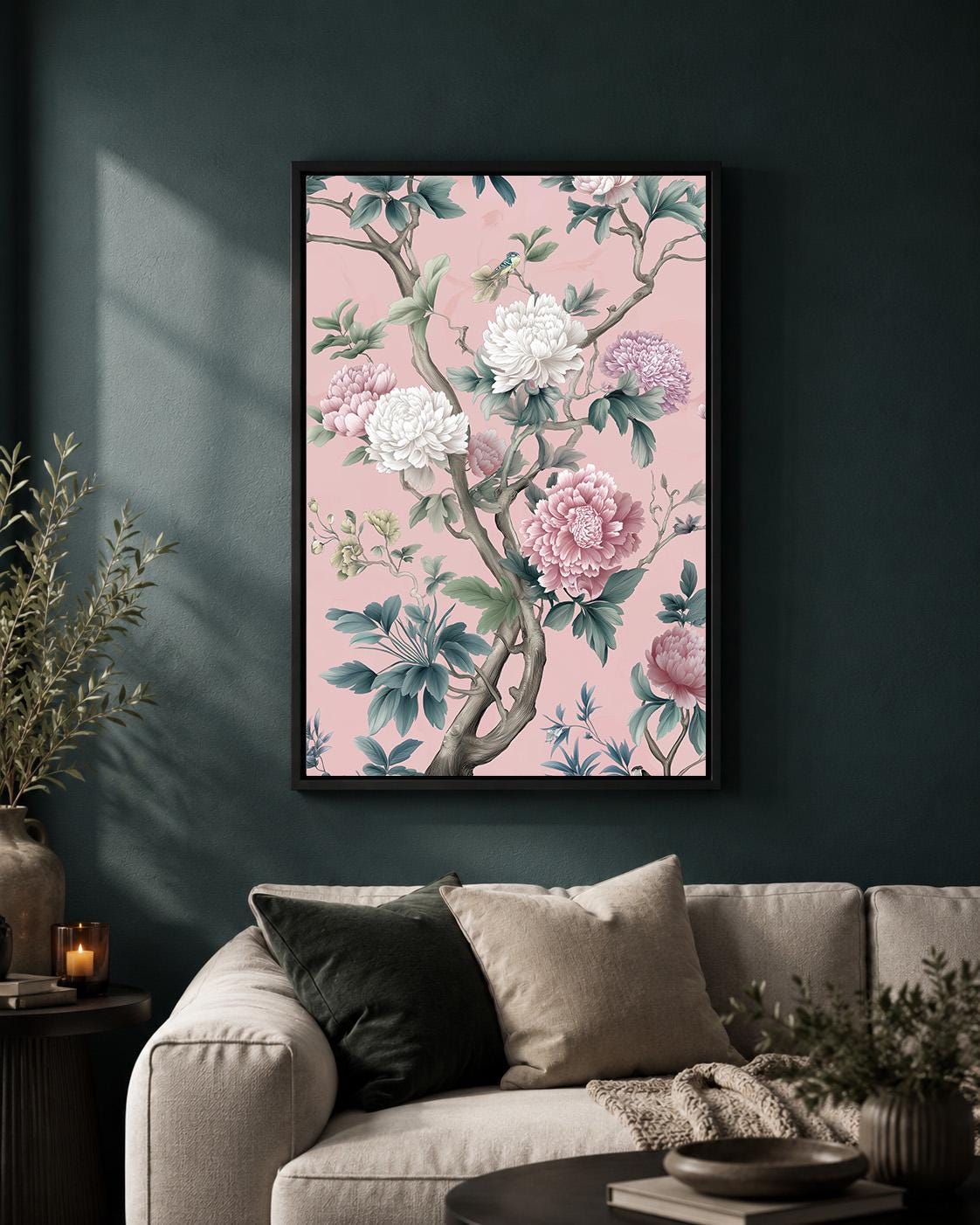 Pink Chinoiserie Peony Floral Framed Canvas