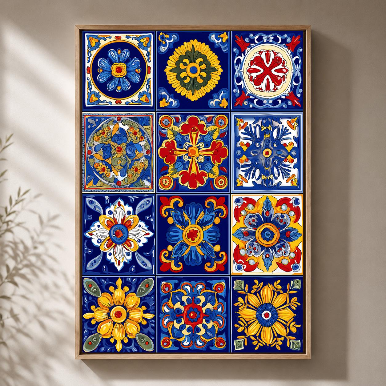 Mexican Folk Talavera Tile Framed Canvas Wall Art