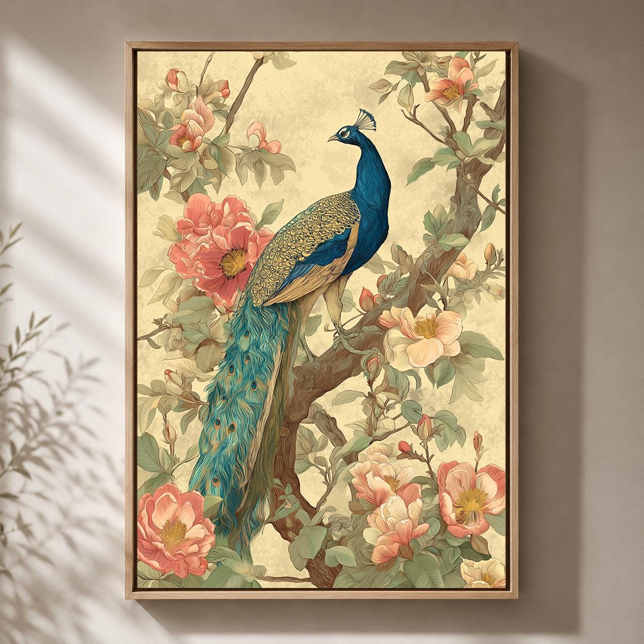 Vintage Peacock Floral Framed Canvas Art