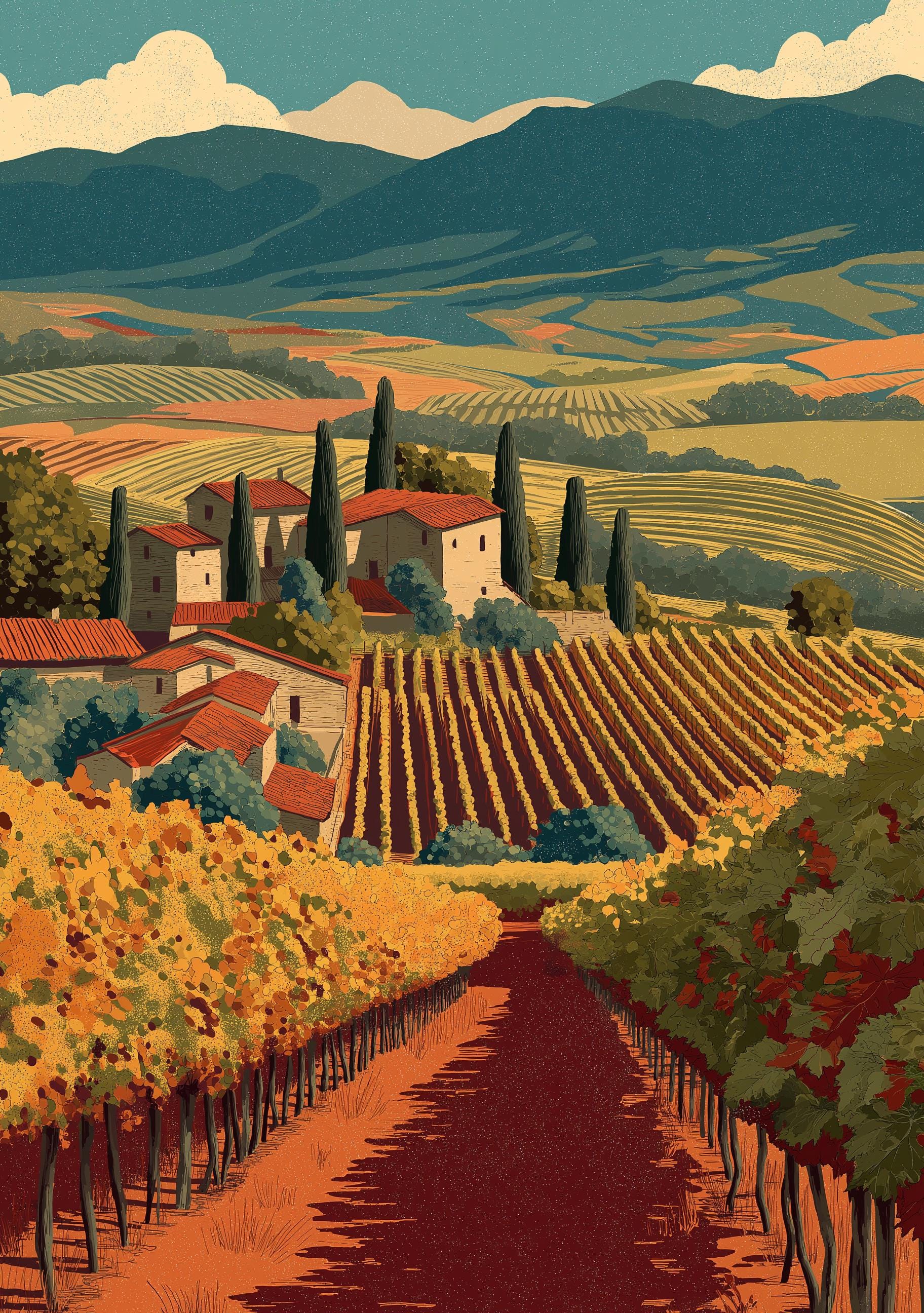 Tuscan Vineyard Wall Art, Italian Countryside Print